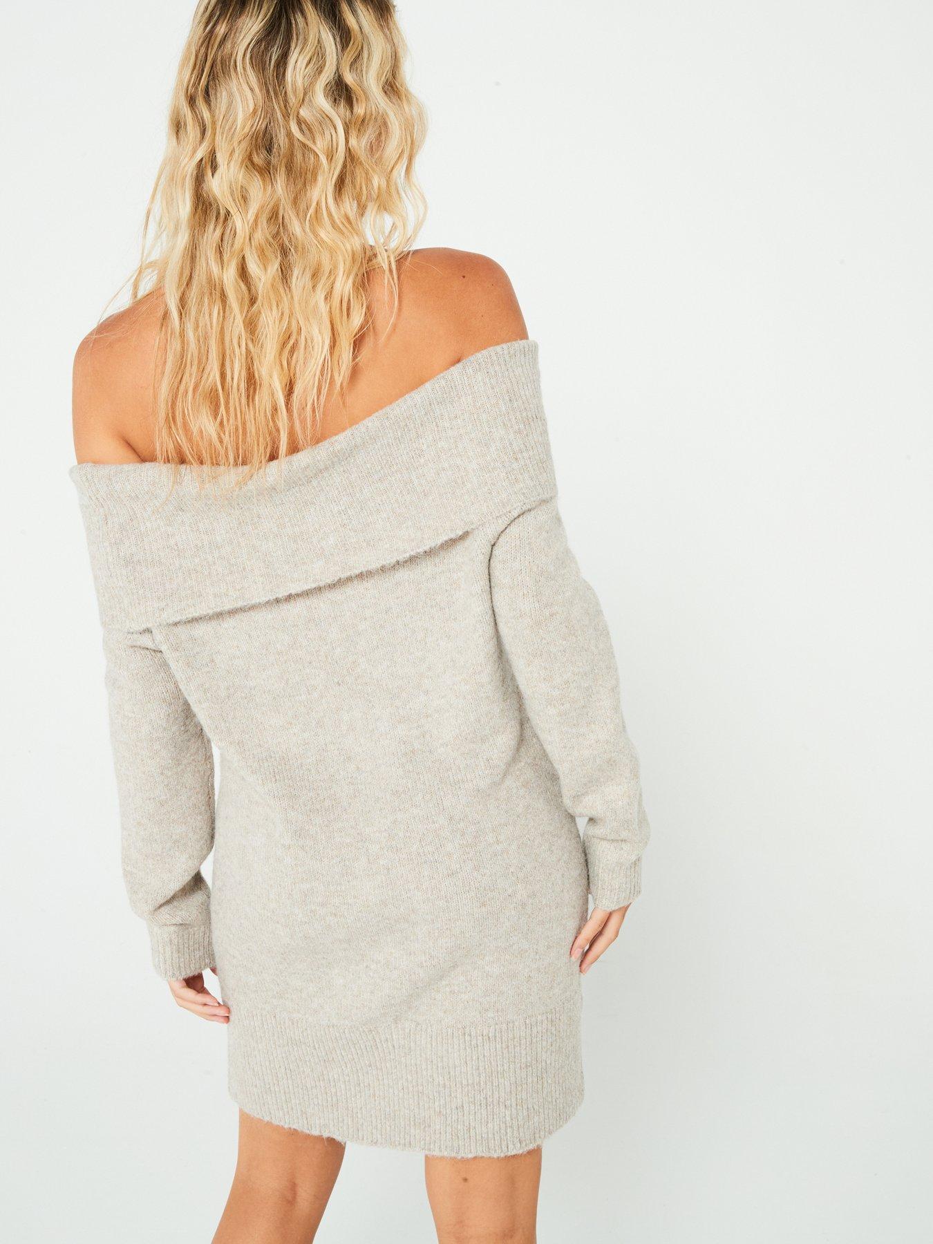 in-the-style-bardot-foldover-knitted-jumper-dress-stone-beigestillFront