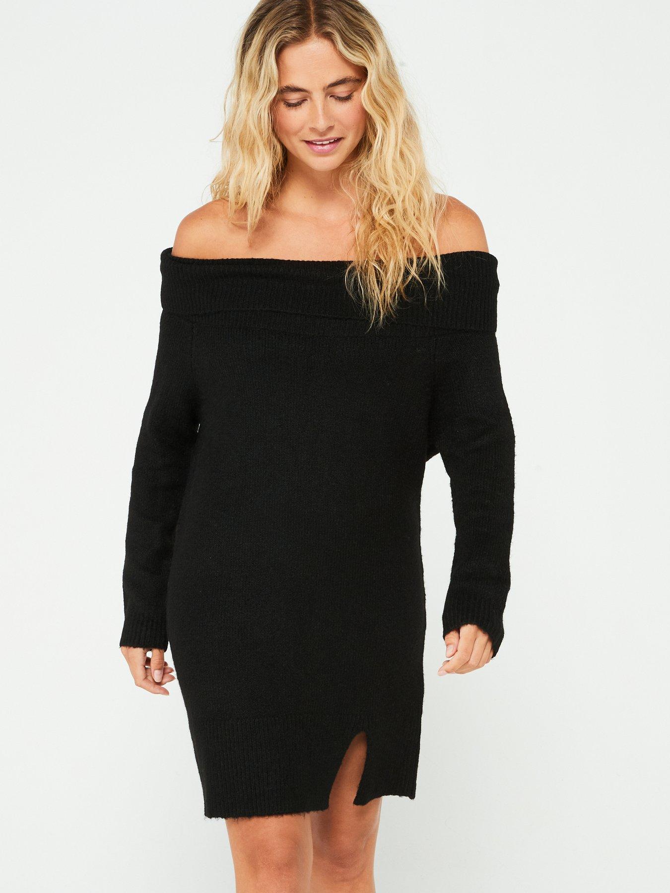 in-the-style-bardot-foldover-knitted-jumper-dress-blackfront