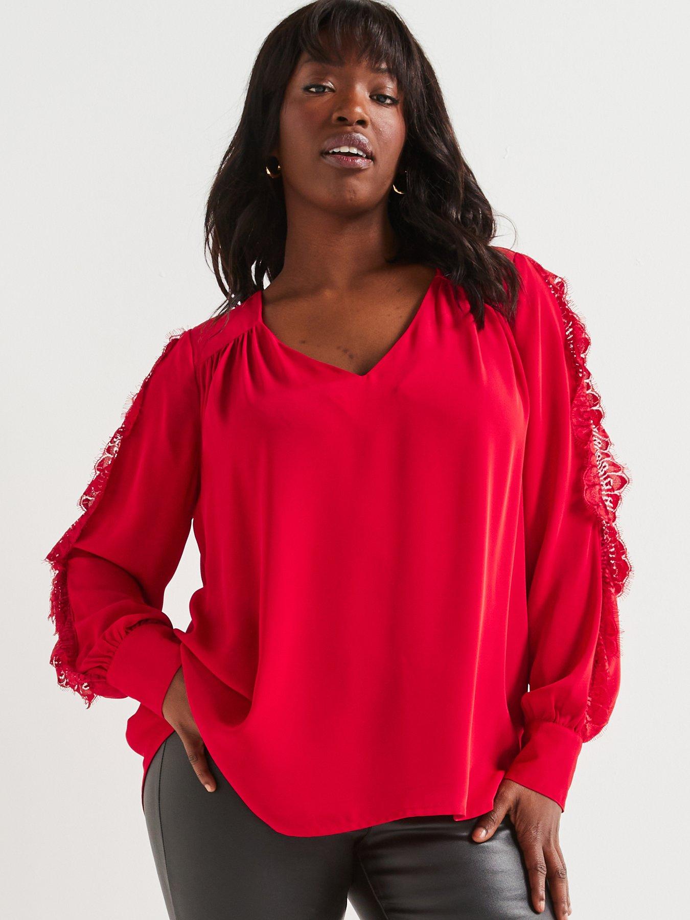 v-by-very-curve-lace-trim-split-sleeve-blouse-red