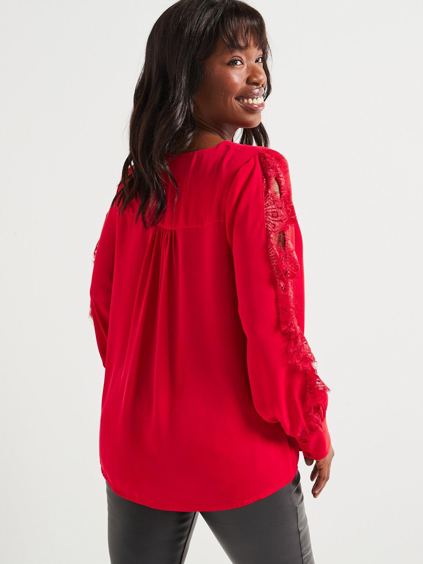 v-by-very-curve-lace-trim-split-sleeve-blouse-redstillFront