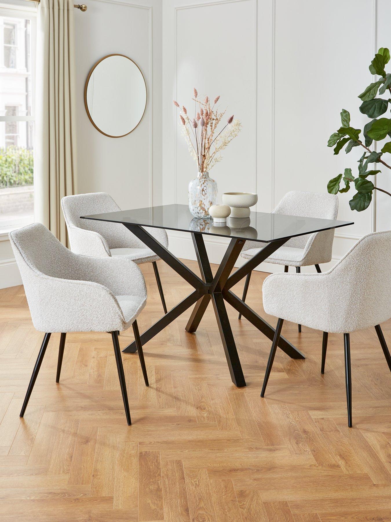 The Very Collection Chopstick 130 cm Rectangular Glass Top Dining Table + 4 Alisha Boucle Chairs - Black/Cream