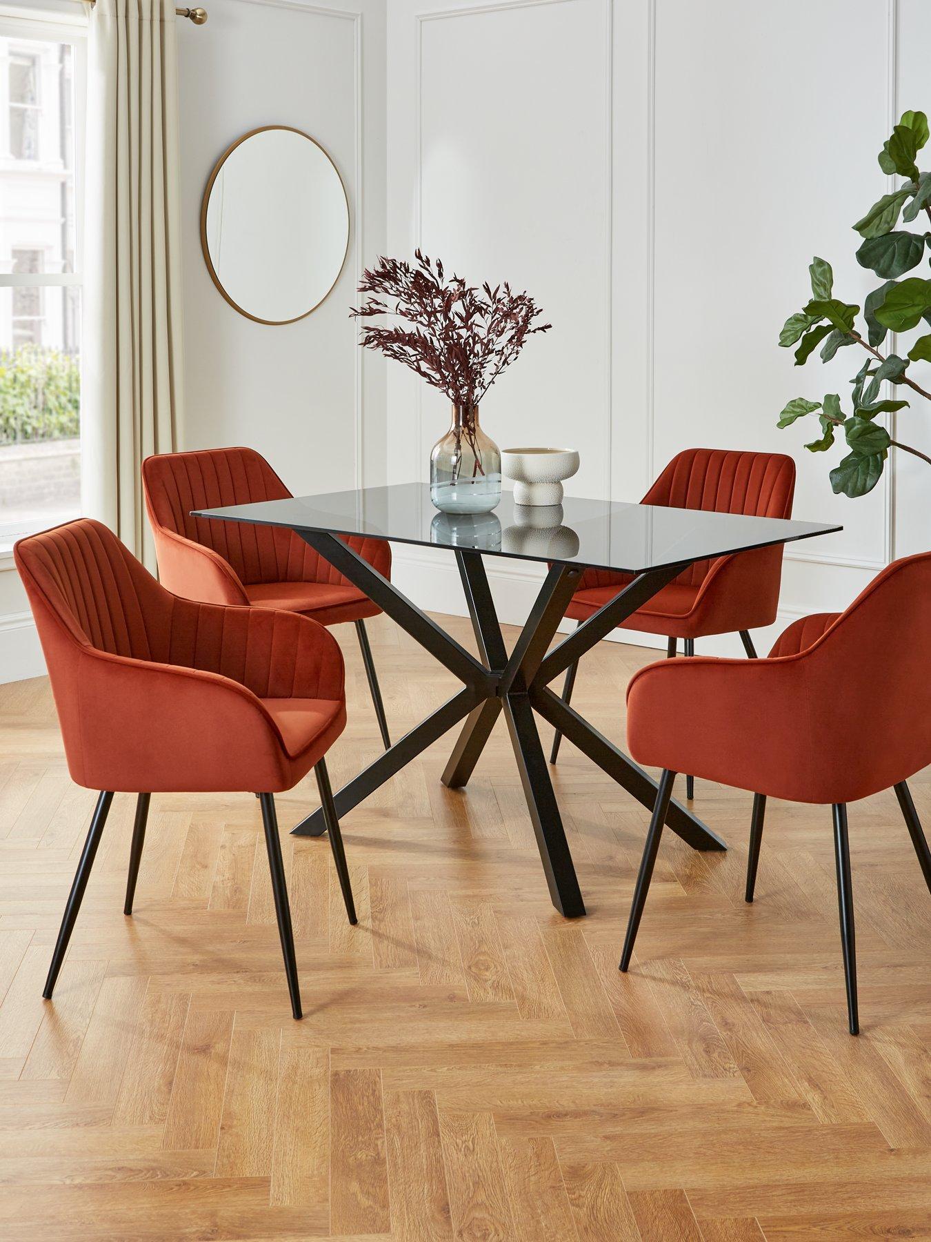 Image of Very Home Chopstick 130 cm Rectangular Glass Top Dining Table + 4 Alisha Chairs - Black/Rust
