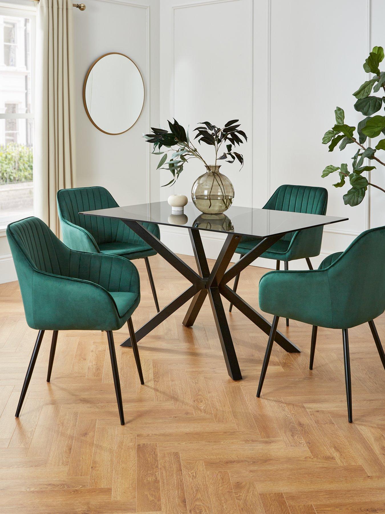 The Very Collection Chopstick 130 cm Rectangular Glass Top Dining Table + 4 Alisha Chairs - Black/Green