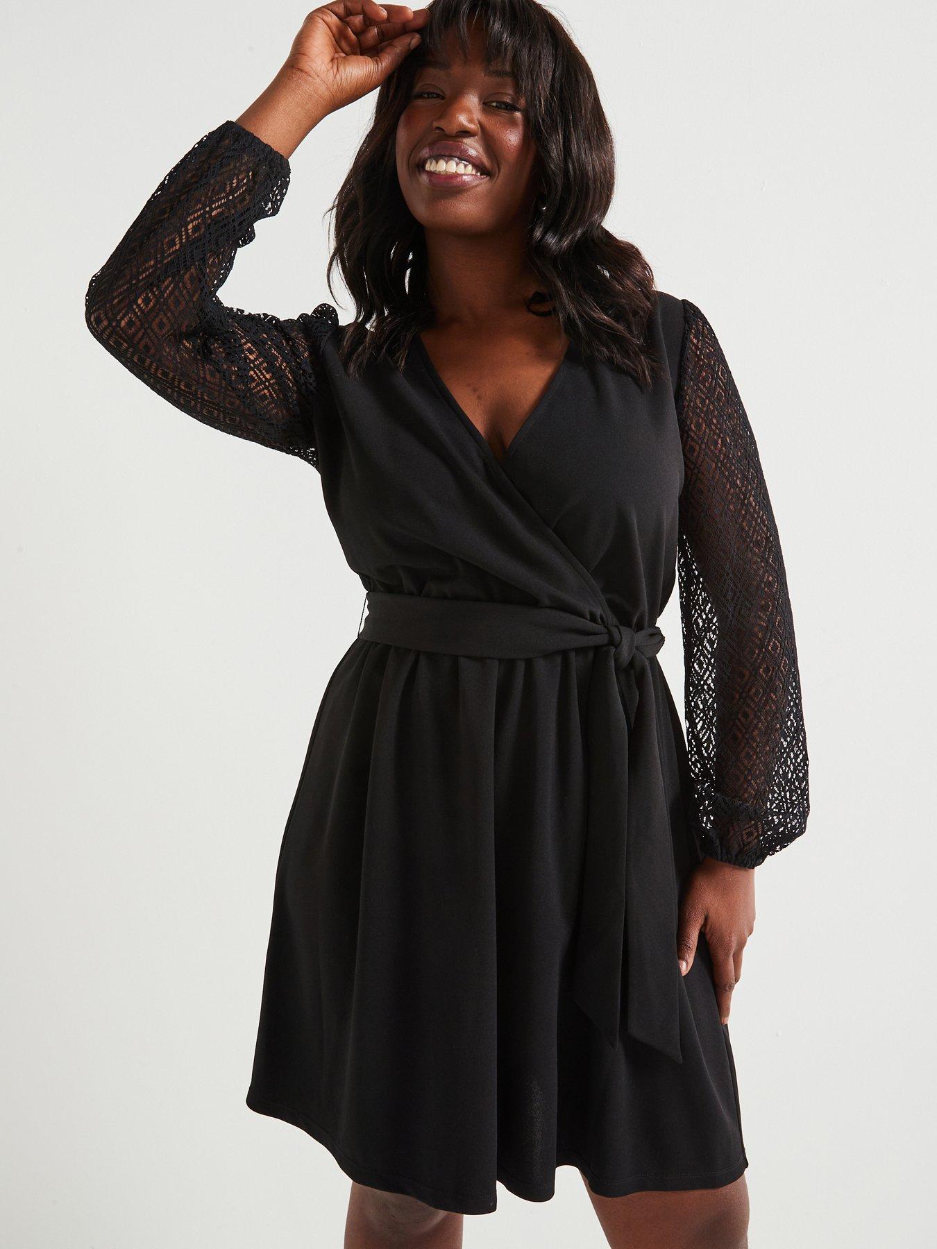 v-by-very-curve-lace-sleeve-wrap-mini-dress-black