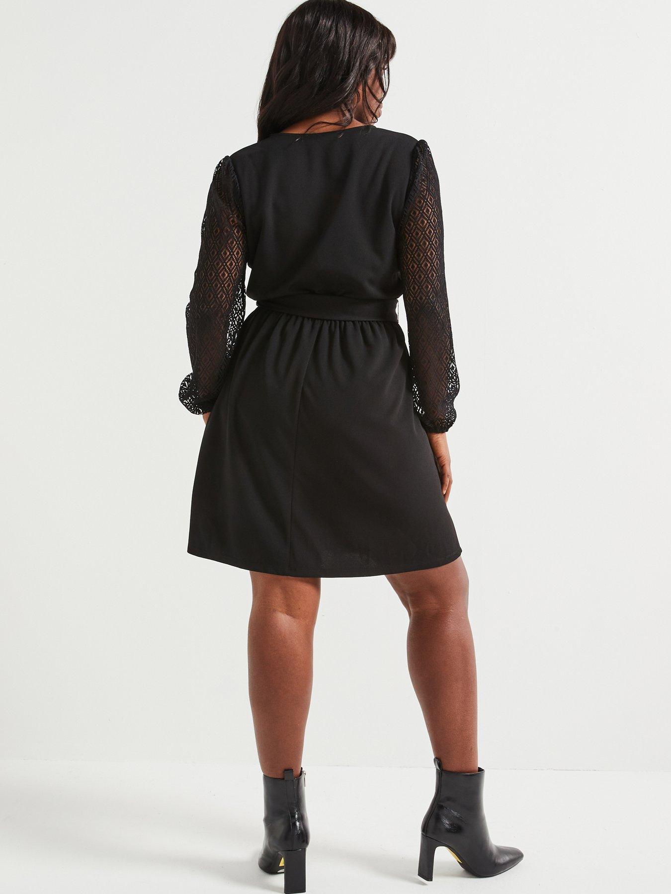 v-by-very-curve-lace-sleeve-wrap-mini-dress-blackstillFront