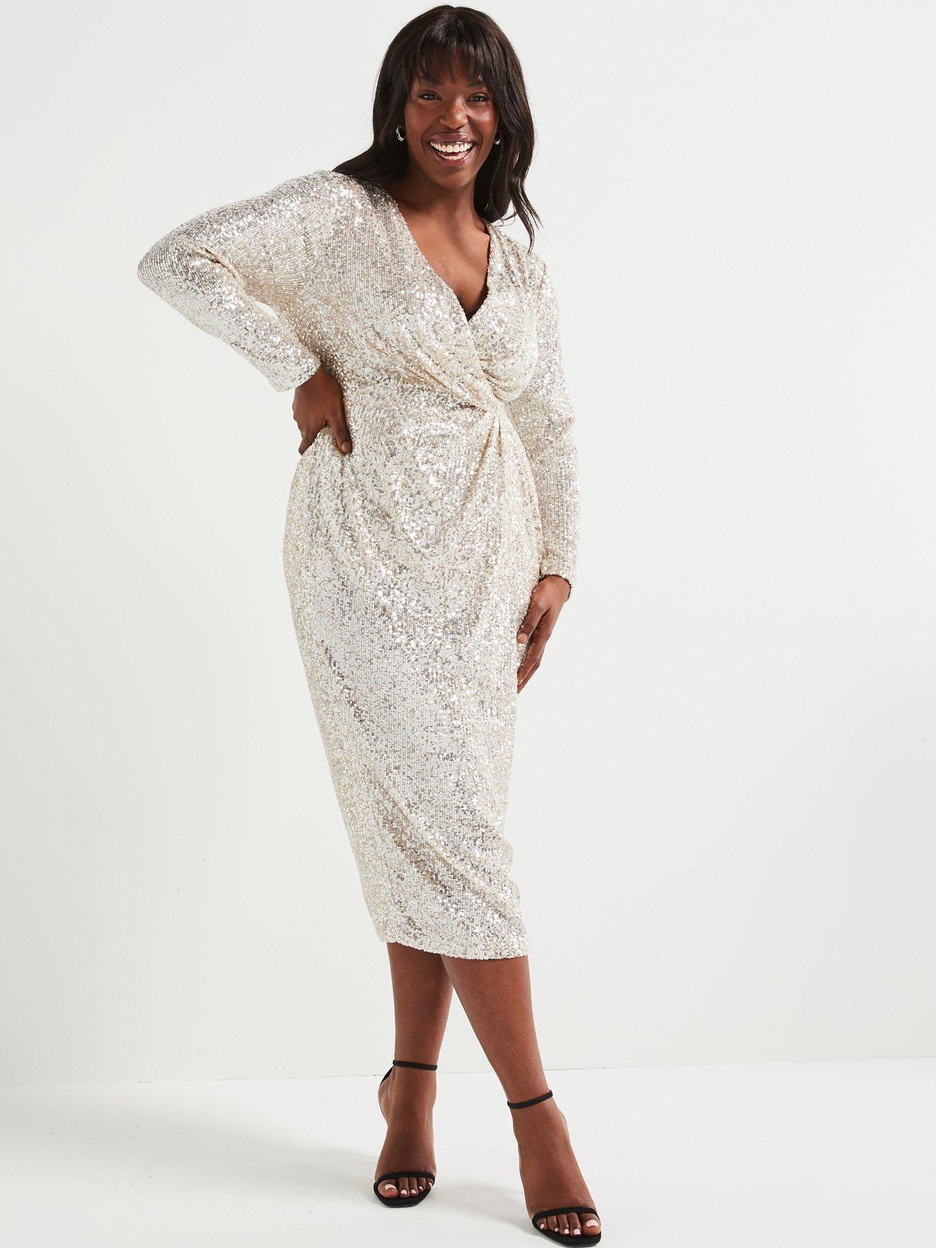 slim fit dress slacks Gigii's Aura Gold Sequin Midi Dress