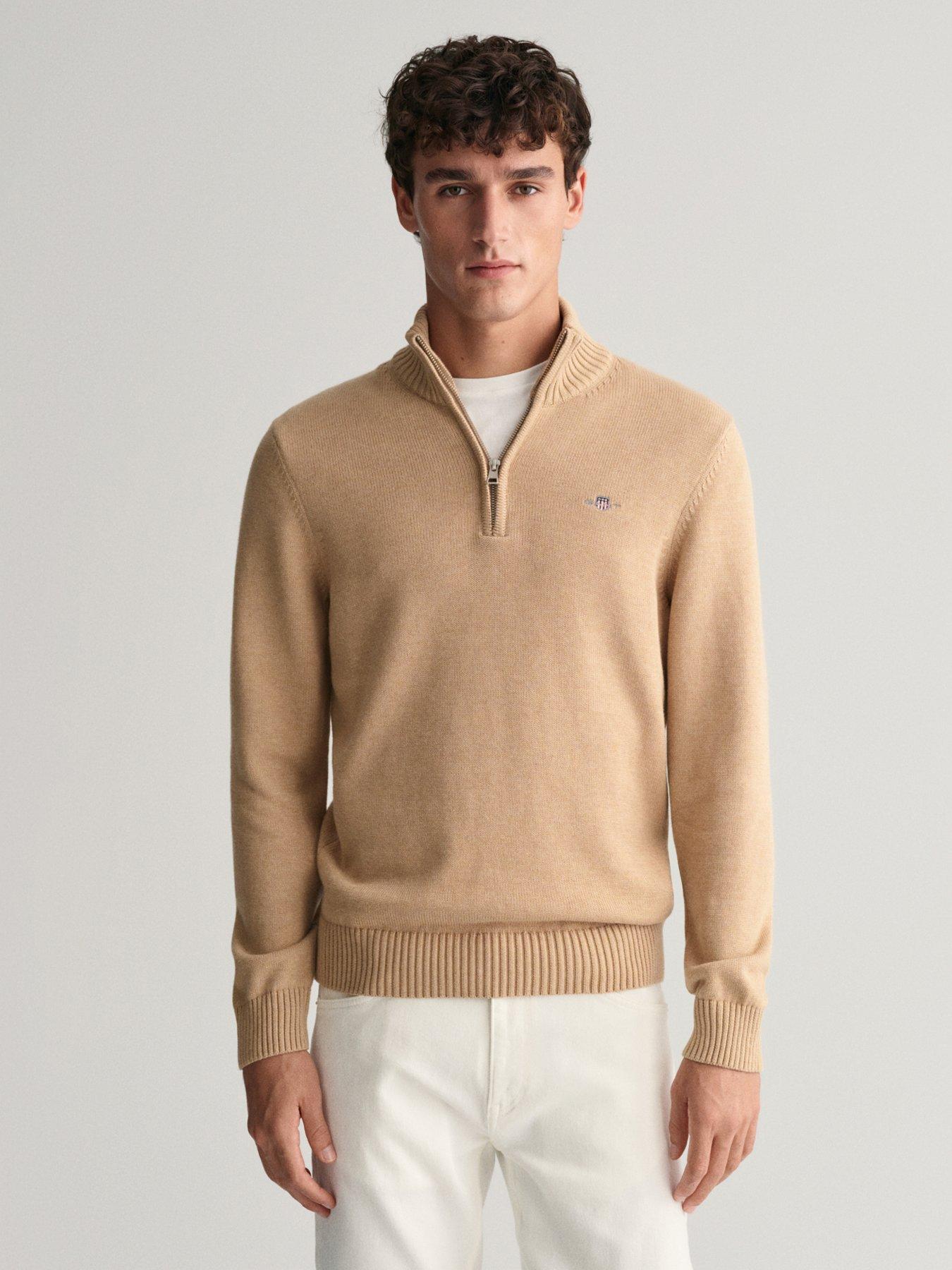 gant-casual-cotton-14-zip-knitted-jumper-beige