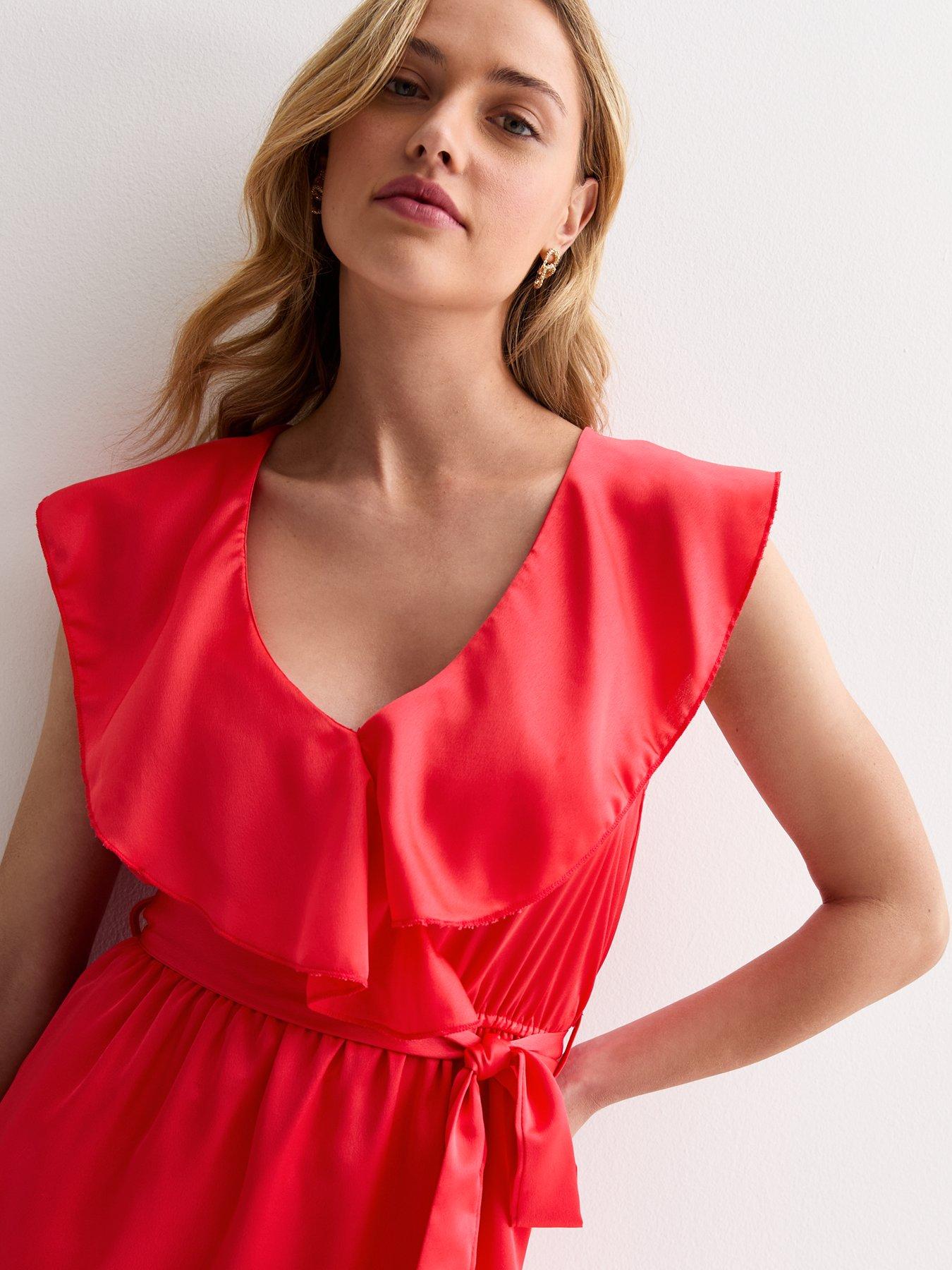 new-look-coral-sleeveless-belted-ruffle-midi-dressoutfit