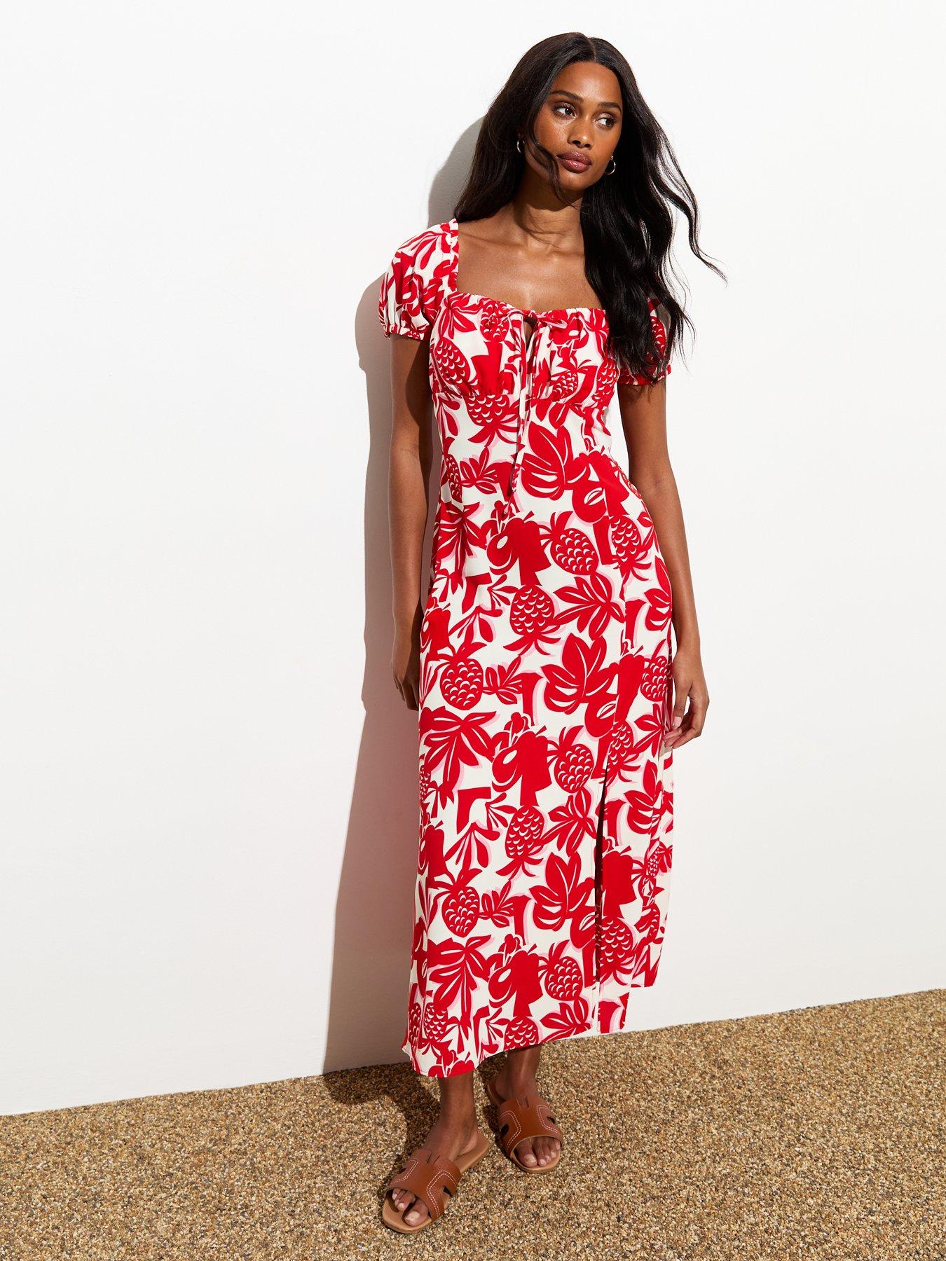 new-look-pineapple-print-slitted-frill-trim-midi-dress-redfront