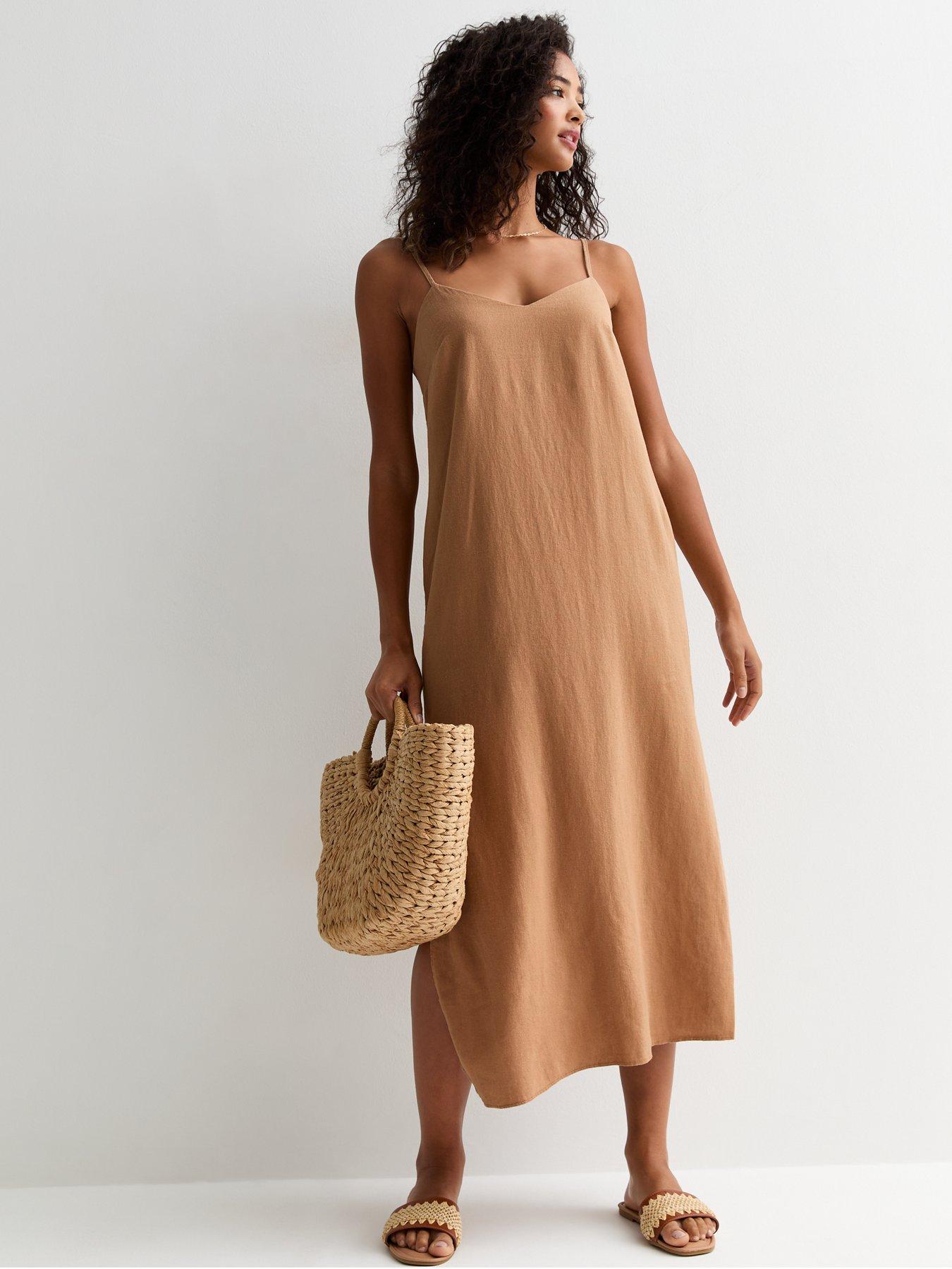 new-look-camel-strappy-linen-blend-slit-midi-dress