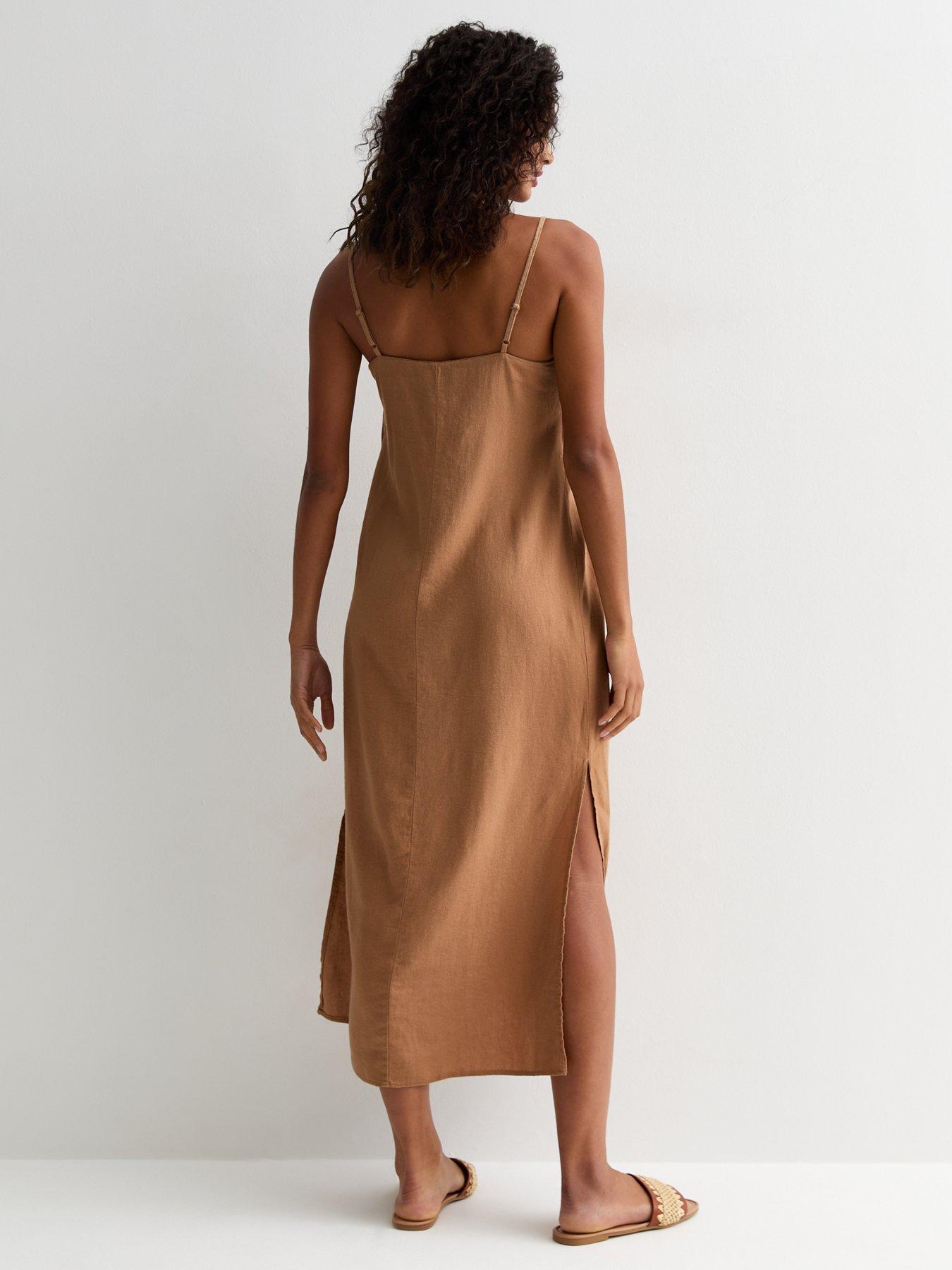 new-look-camel-strappy-linen-blend-slit-midi-dressstillFront