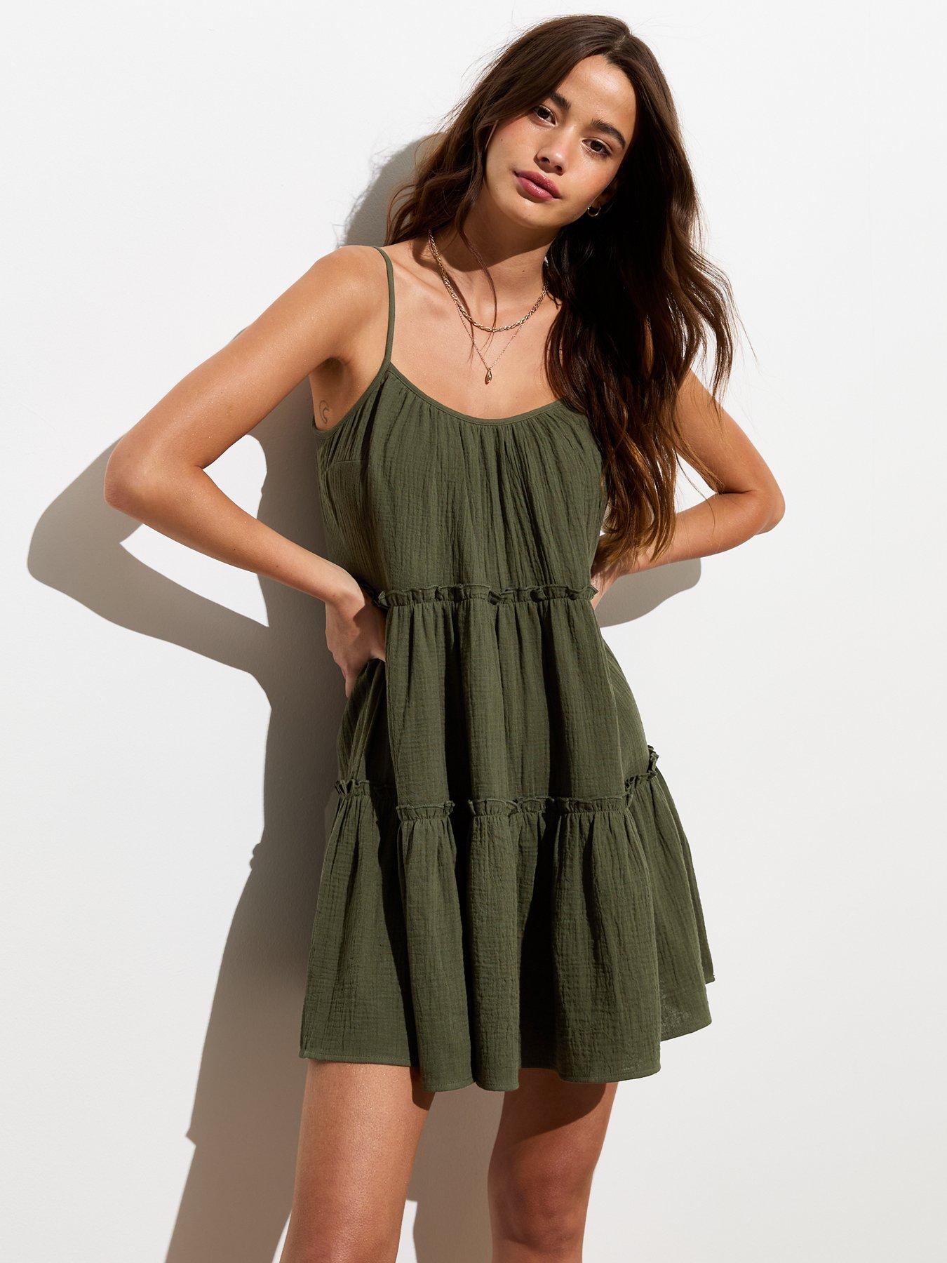 new-look-khaki-strappy-tiered-mini-dress