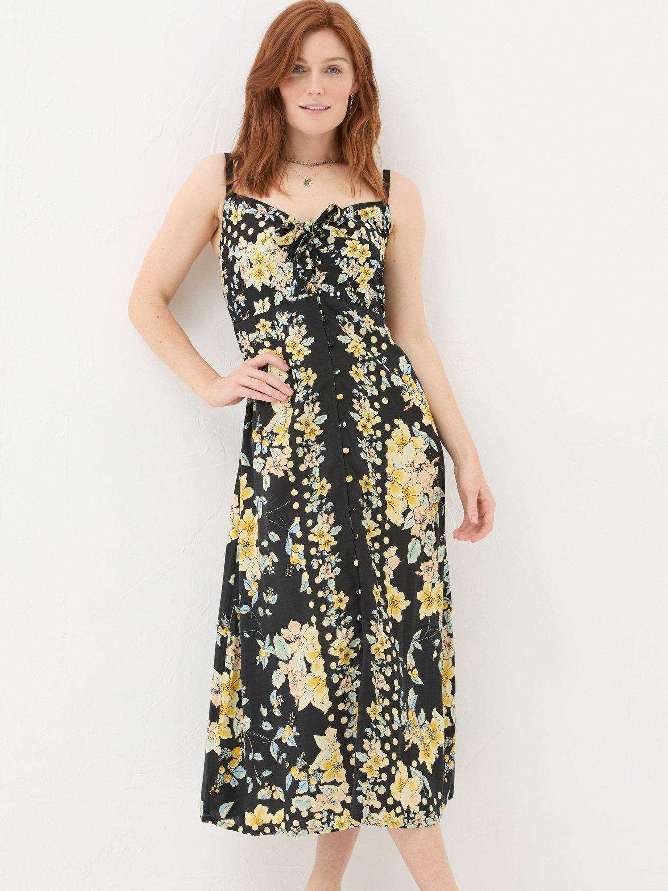 Image 1 of 5 of FatFace Phoebe Citrus Button Down Floral Midi Dress - Black