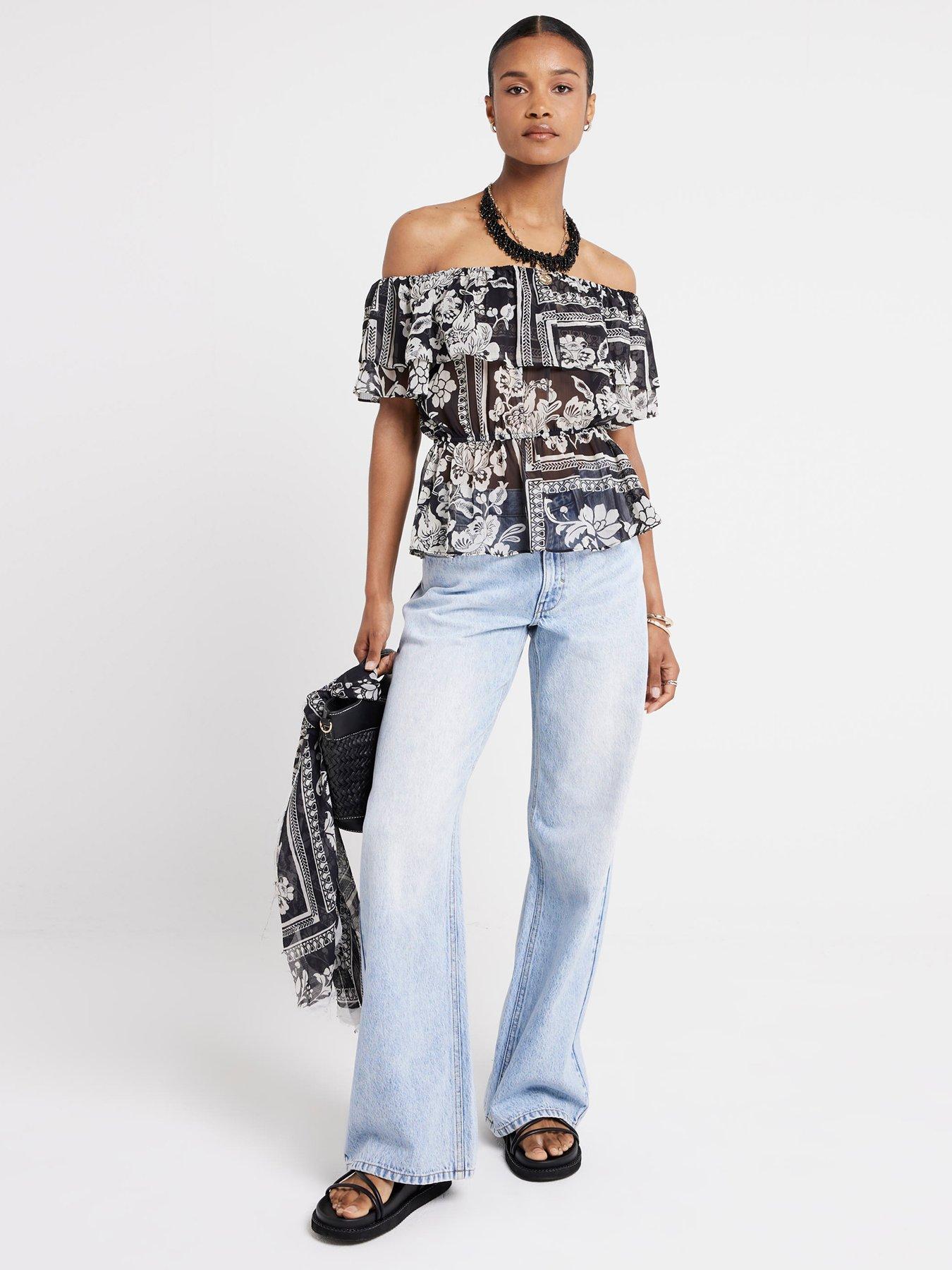 river-island-printed-ruffle-bardot-blouse-blackfront