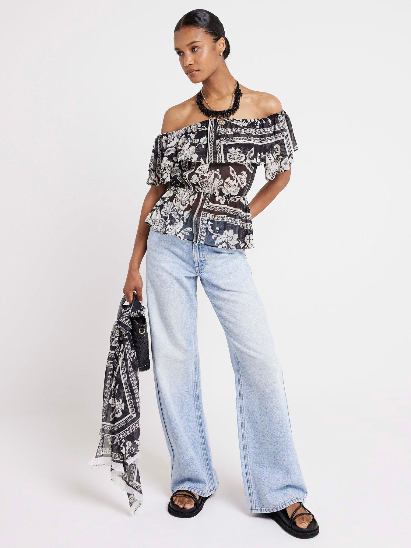 river-island-printed-ruffle-bardot-blouse-blackstillFront