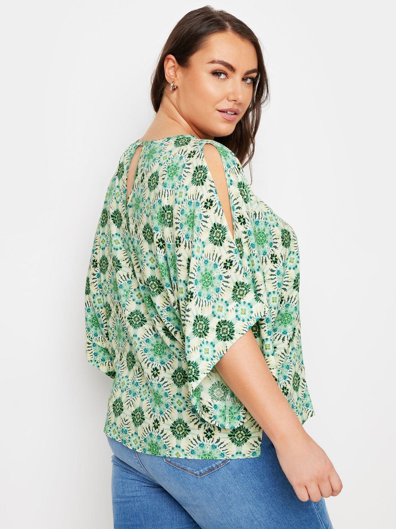 yours-curve-abstract-print-cold-shoulder-blouse-greenstillFront