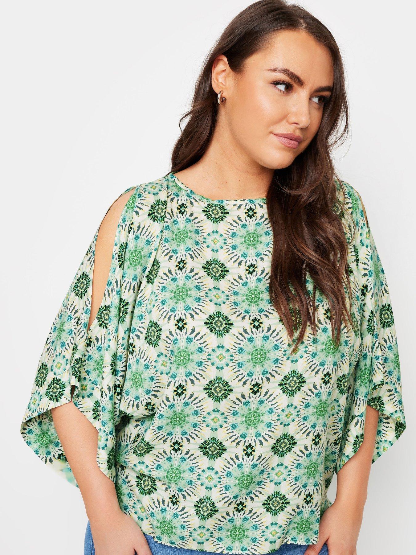 yours-curve-abstract-print-cold-shoulder-blouse-greenoutfit