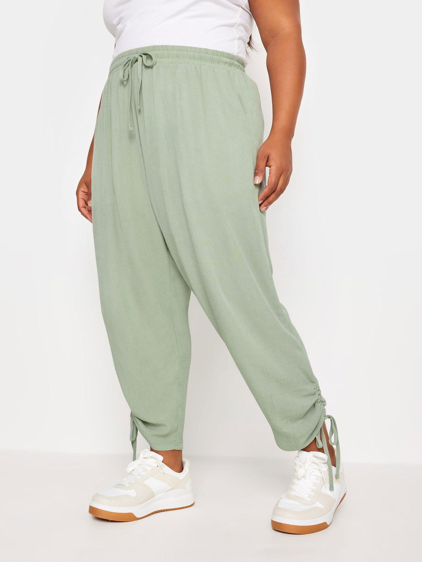 yours-curve-crinkle-ruched-hem-crop-trousers-green