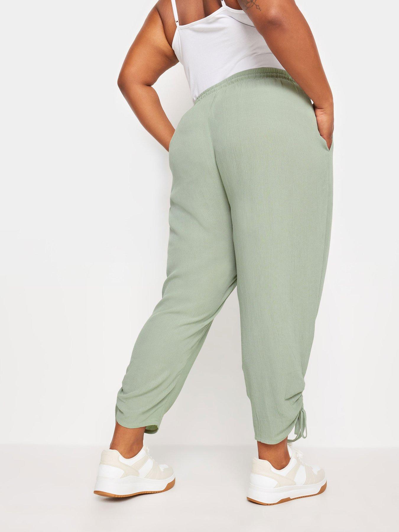 yours-curve-crinkle-ruched-hem-crop-trousers-greenstillFront