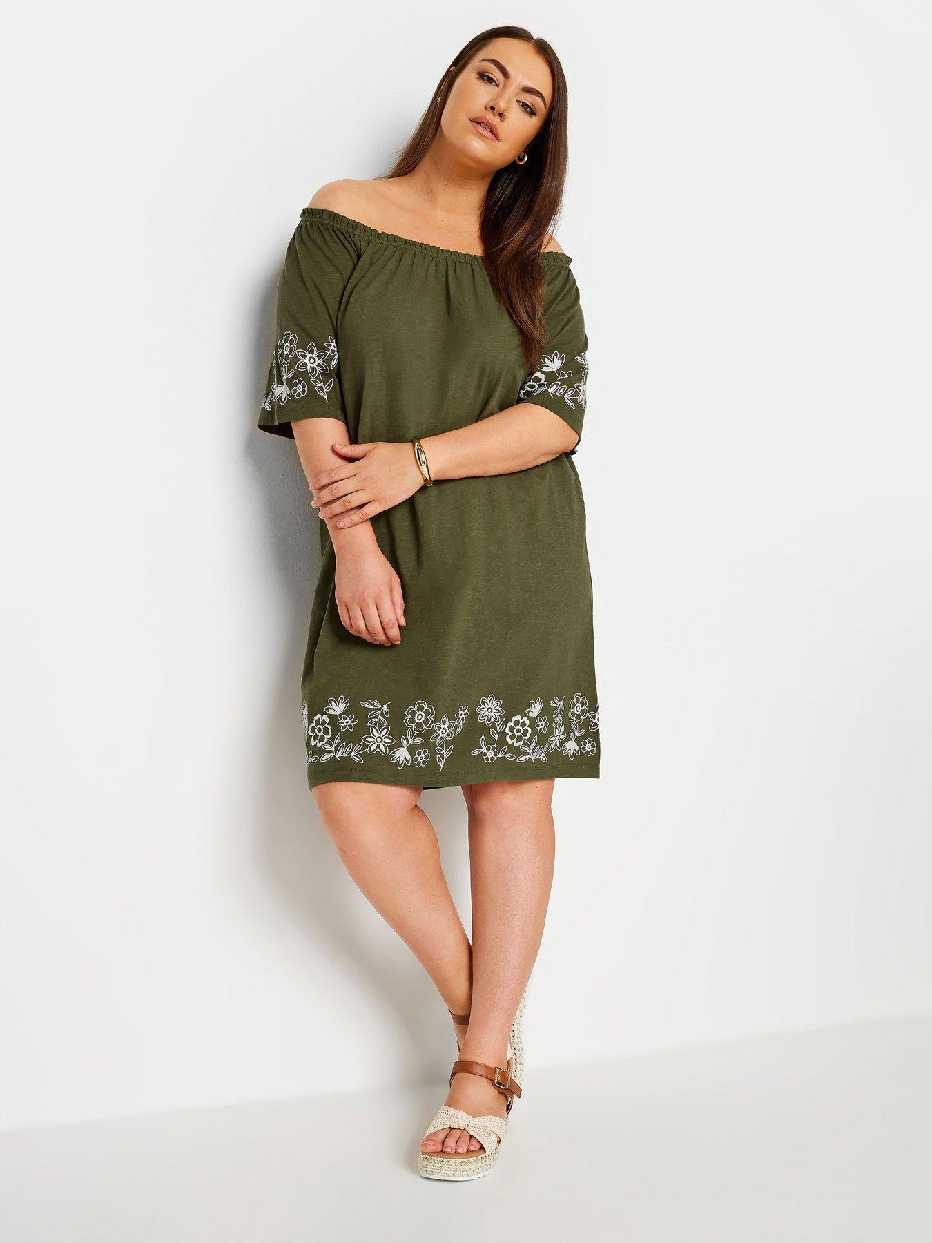 yours-curve-embroidered-bardot-dress-khaki-green