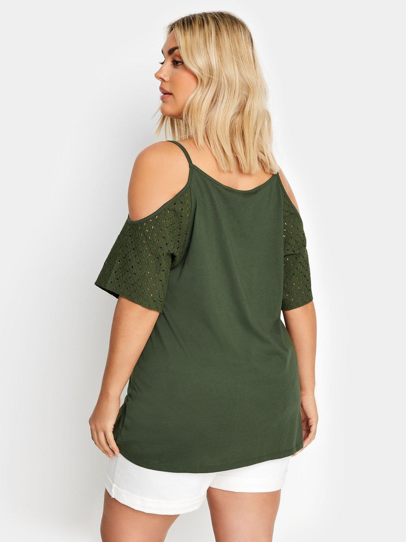 yours-curve-cold-shoulder-anglaise-sleeve-top-greenstillFront