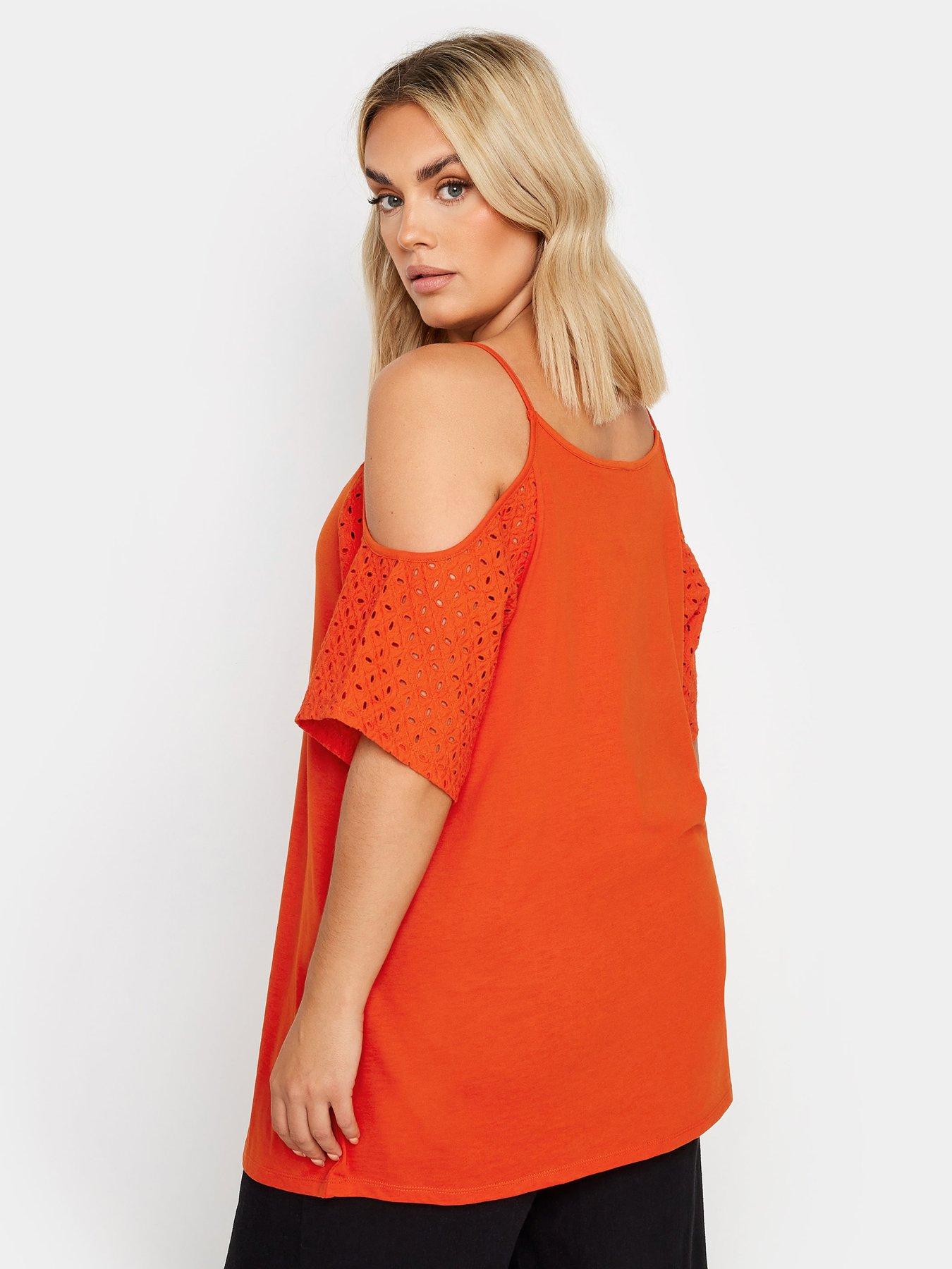 yours-curve-cold-shoulder-anglaise-sleeve-top-orangestillFront