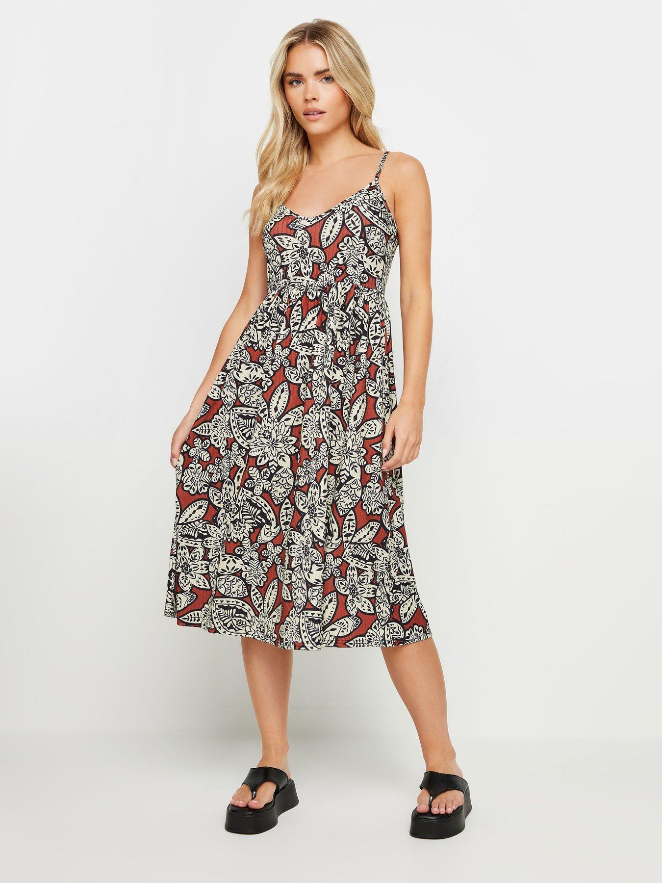Image 1 of 4 of PixieGirl Petite Floral Stencil Midi Rib Dress - Orange