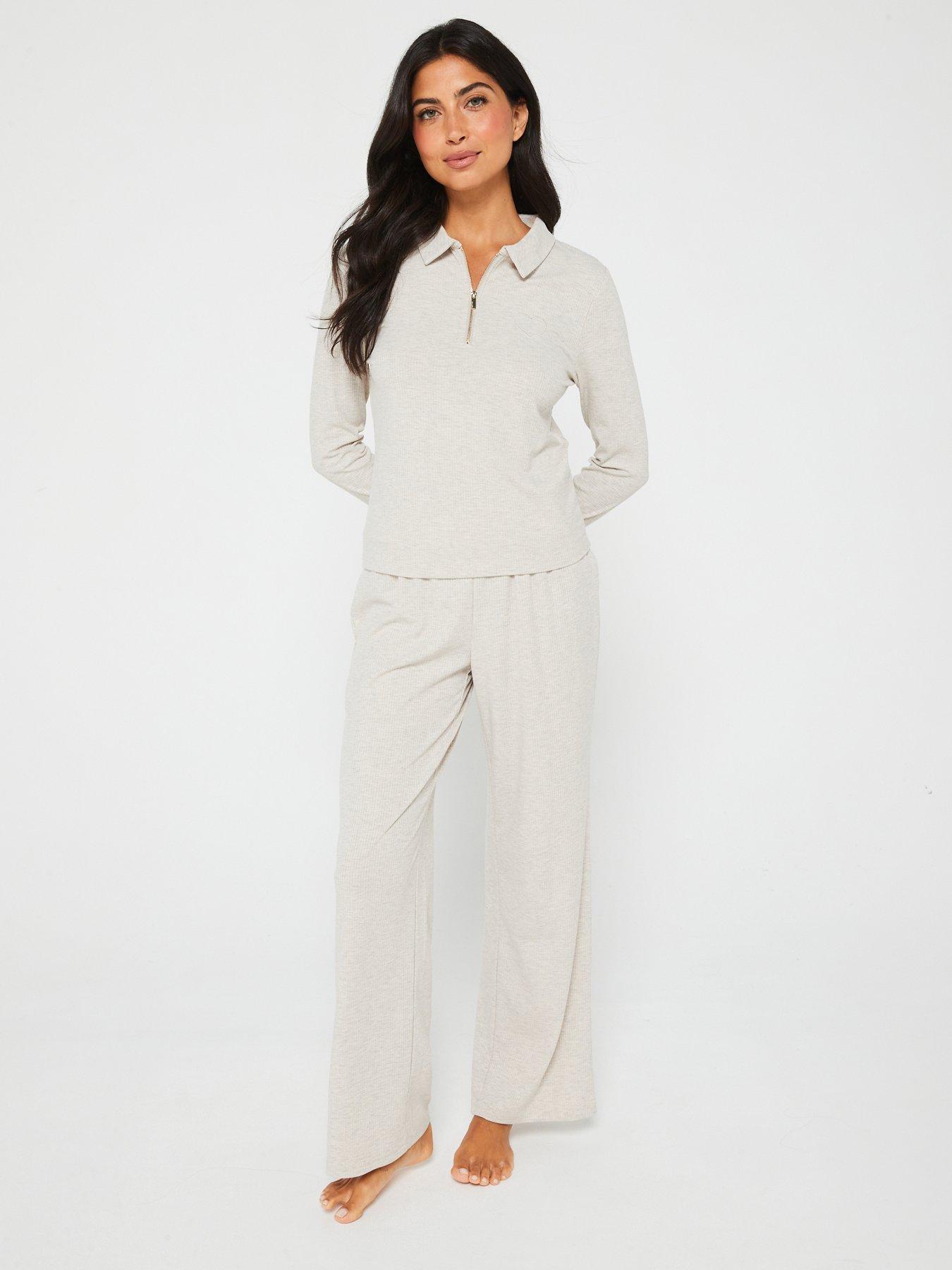 v-by-very-zip-front-long-sleeve-ribbed-lounge-set-cream