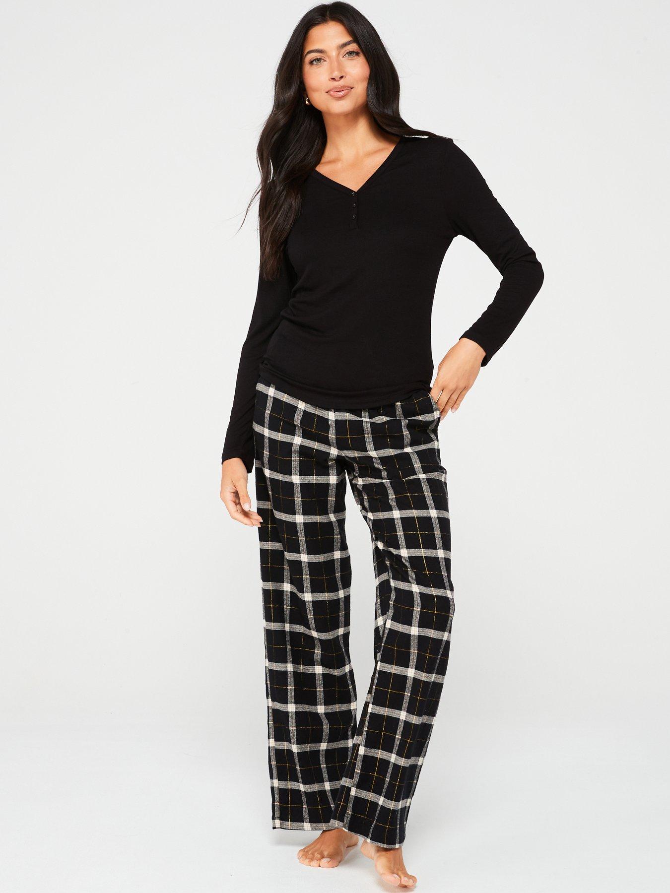 v-by-very-henley-top-with-check-woven-bottoms-pj-set-blackfront