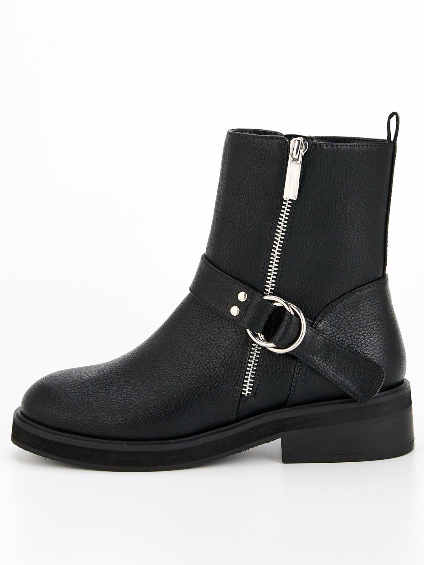 Image 1 of 7 of V by Very Flat Biker Boot With Zip Detail Ankle Boot - Black