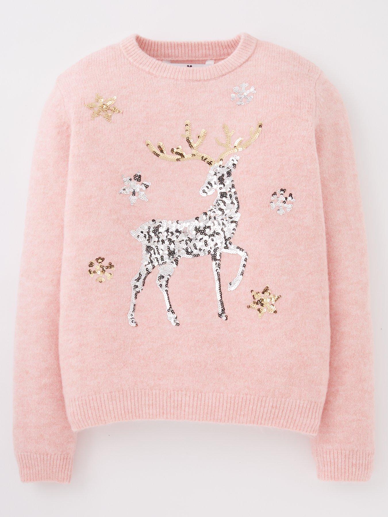 V by Very Girls Reindeer Christmas Knitted Jumper Pink Very