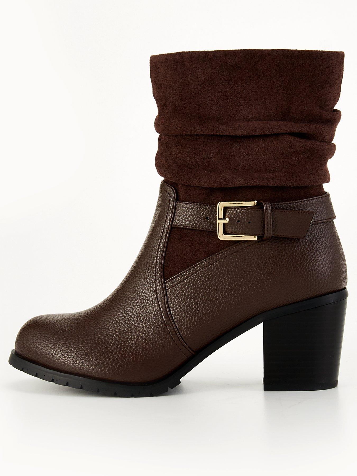 Image of V by Very Wide Fit Slouch Buckle Block Heel Calf Boot - Brown