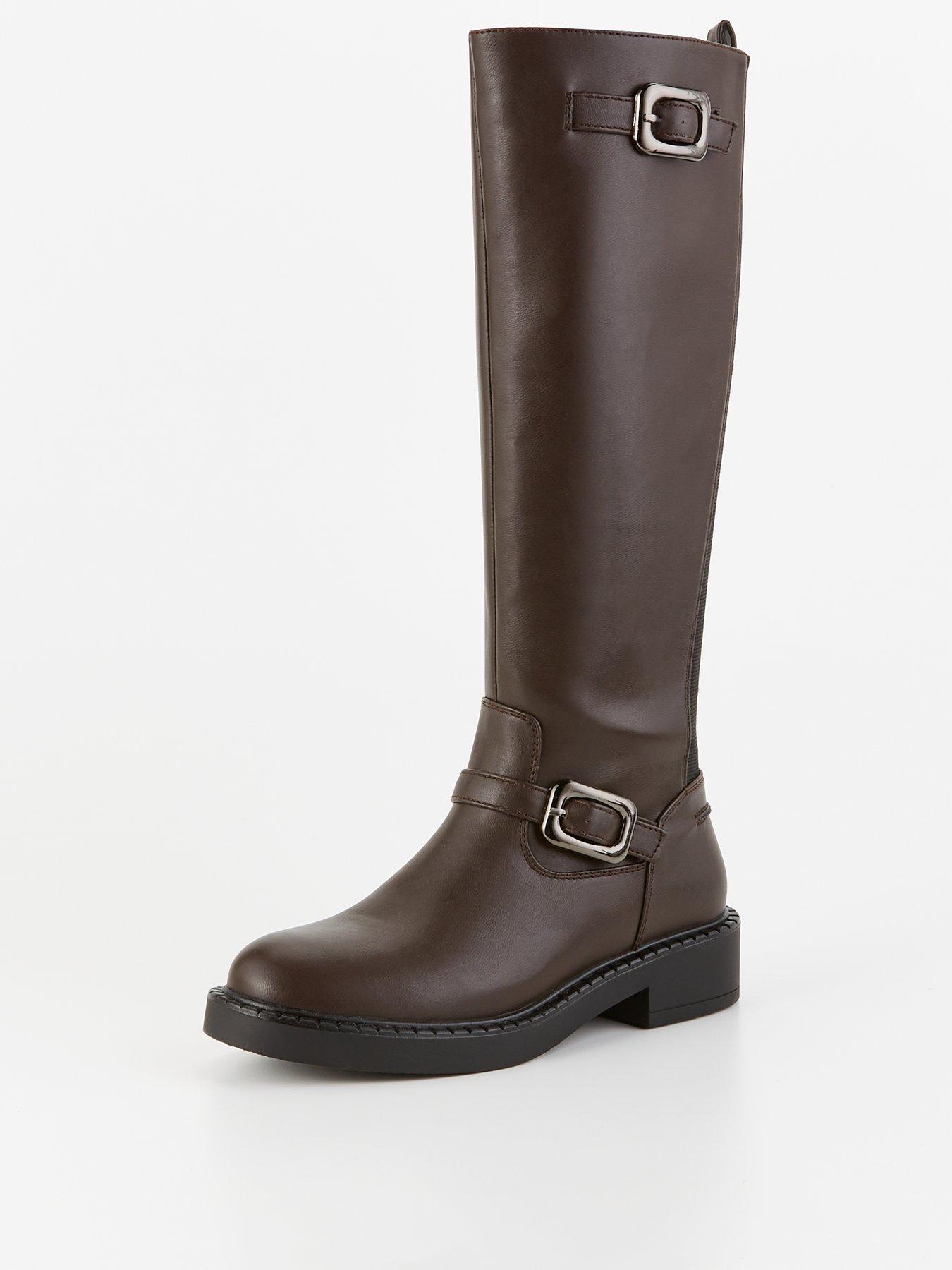 v-by-very-elastic-panel-buckle-knee-boot-brownstillFront