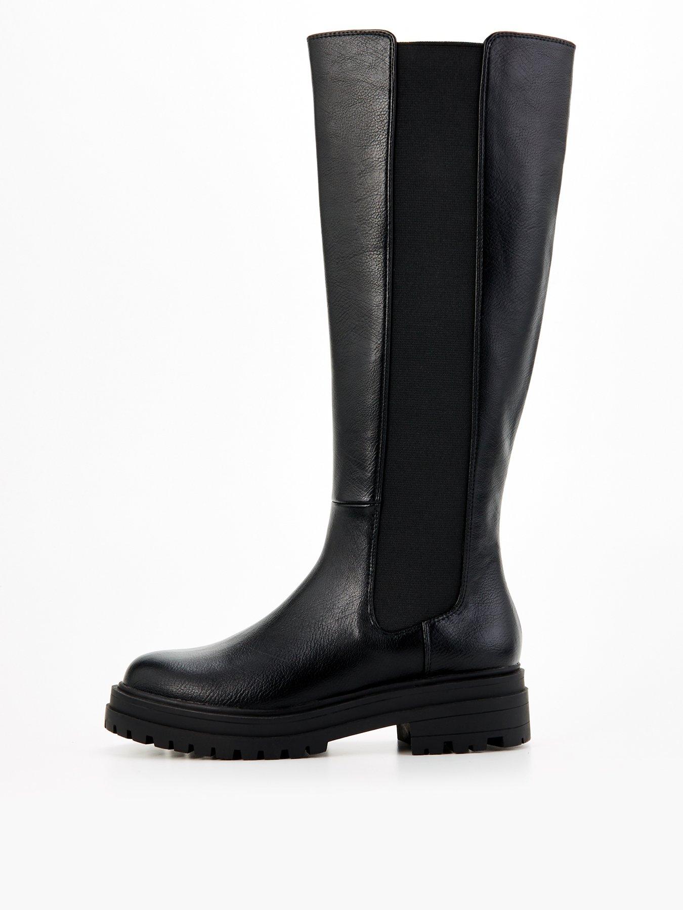 V by Very Wide Fit Flat Chunky Knee Boot With Gusset Black
