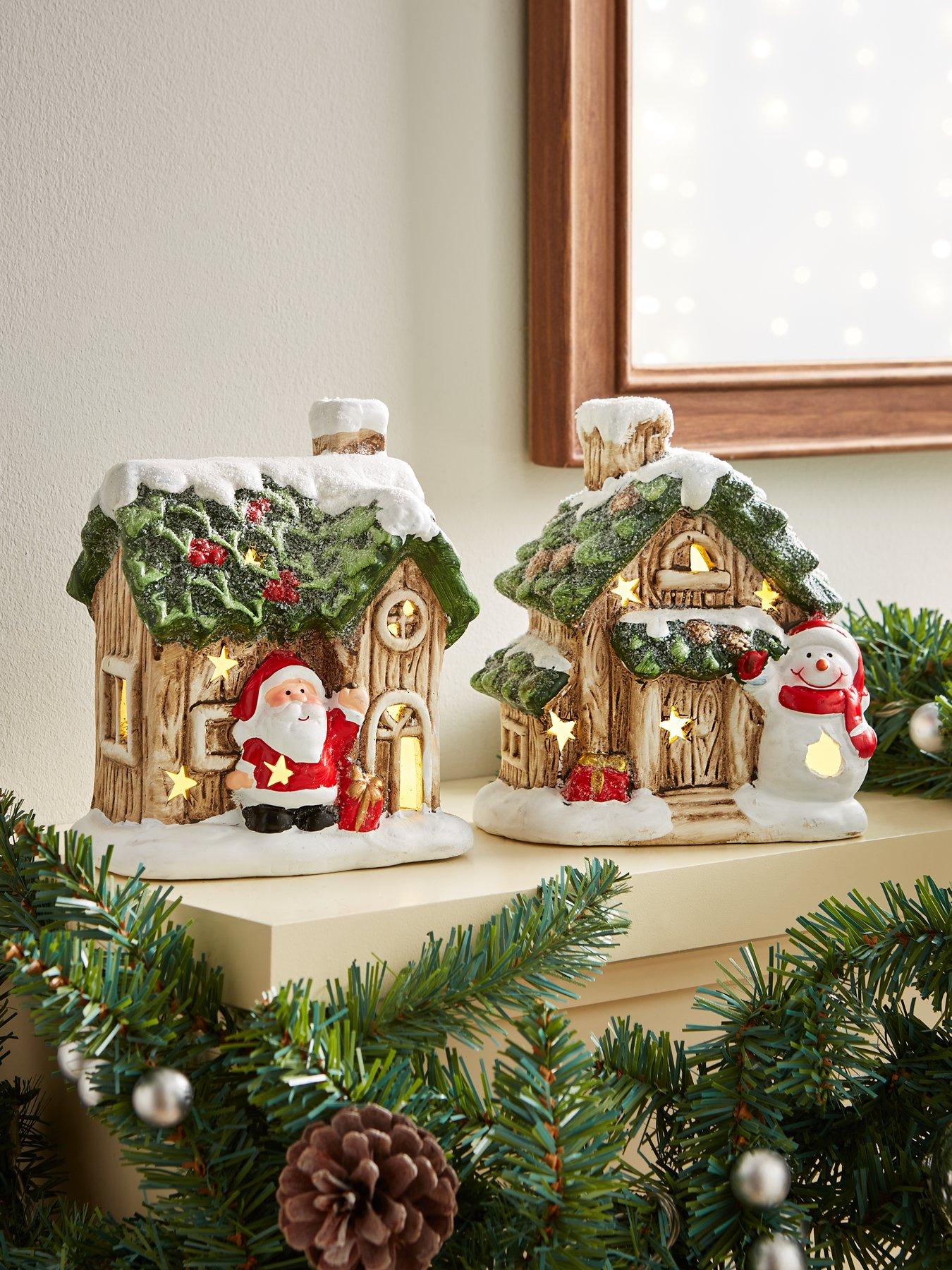 Festive Set Of 2 Lit Ceramic Santa/Snowman House Christmas Decorations - 16 Cm in Multi