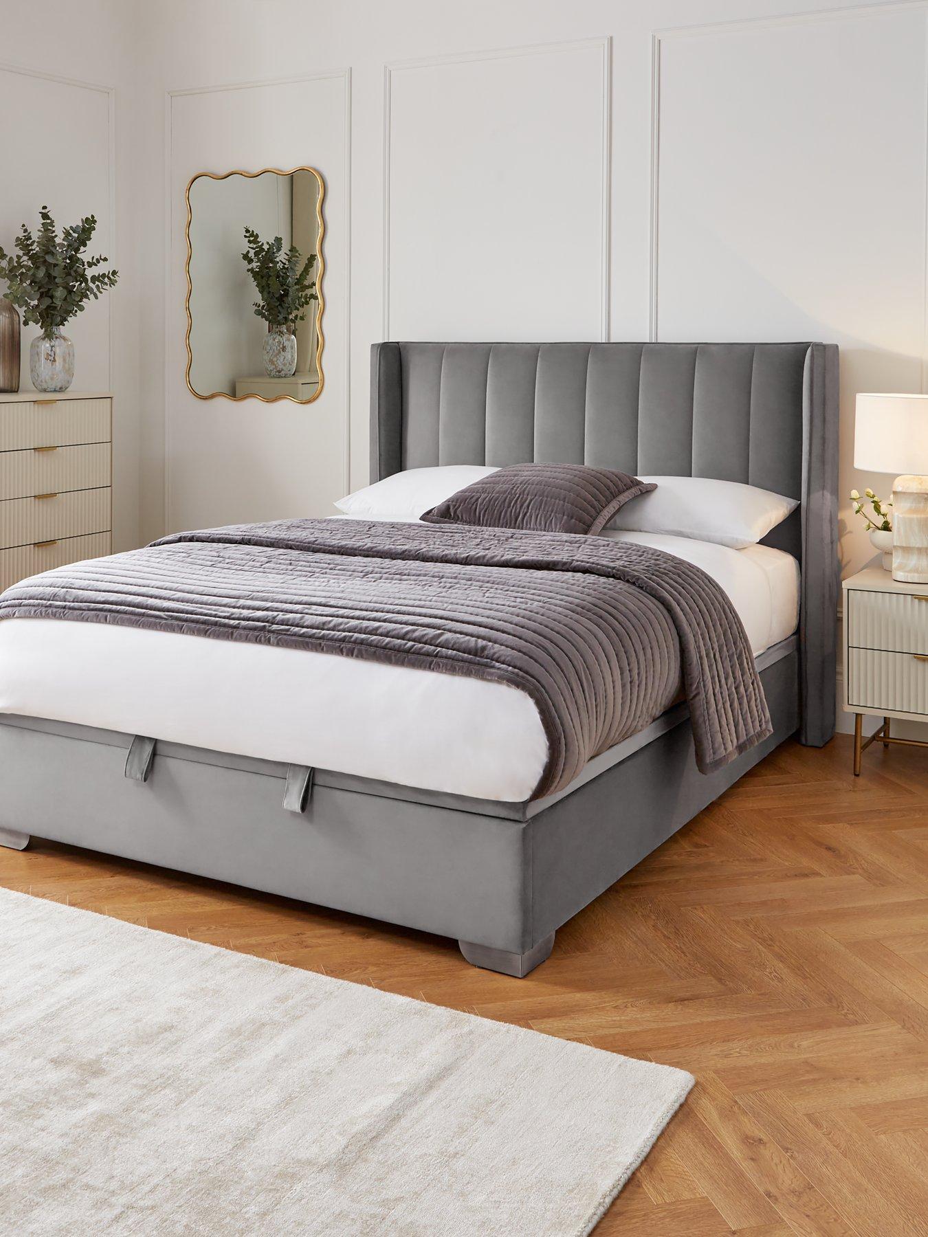 Image 1 of 6 of The Very Collection New Dakota Velvet End Lift Up Storage Ottoman Bed with Mattress Options (Buy &amp; SAVE!) - Grey, Cream