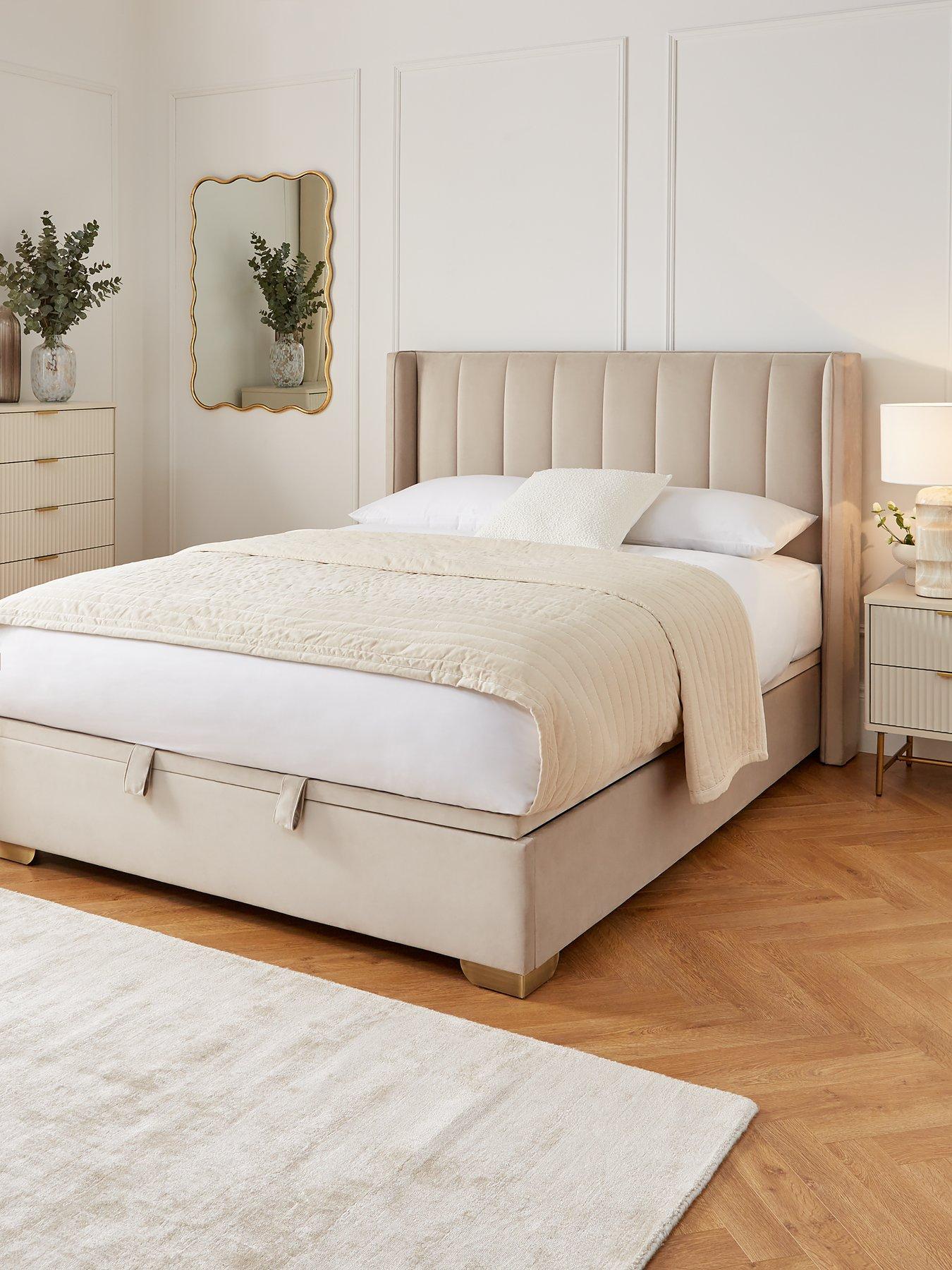 Image of Very Home New Dakota Velvet End Lift Up Storage Ottoman Bed with Mattress Options (Buy  &  SAVE!) - Grey, Cream