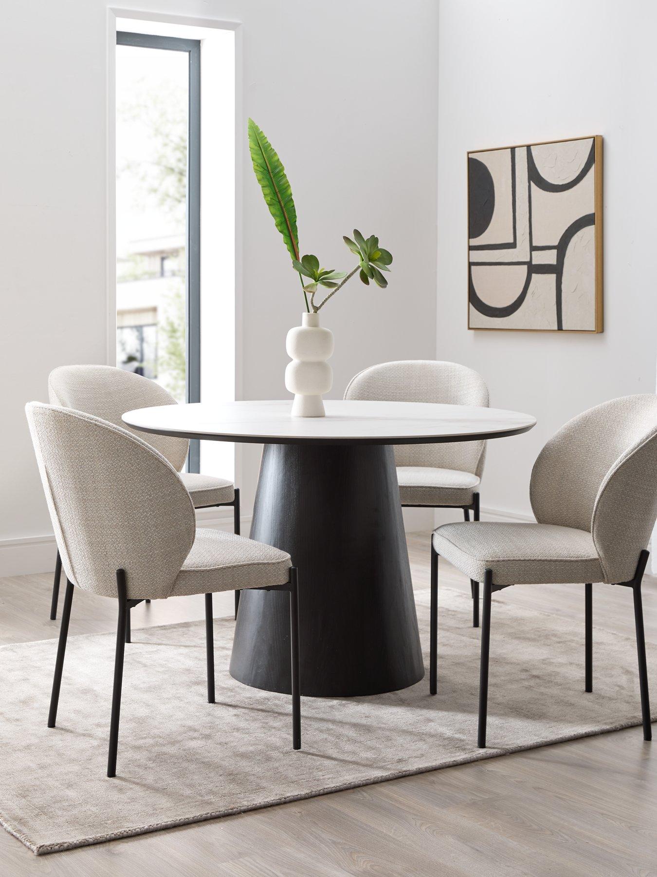 Very Home Nordic 120 cm Round Ceramic Top Dining Table 4 Fabric Chairs White Black Grey FSC Certified Very Ireland