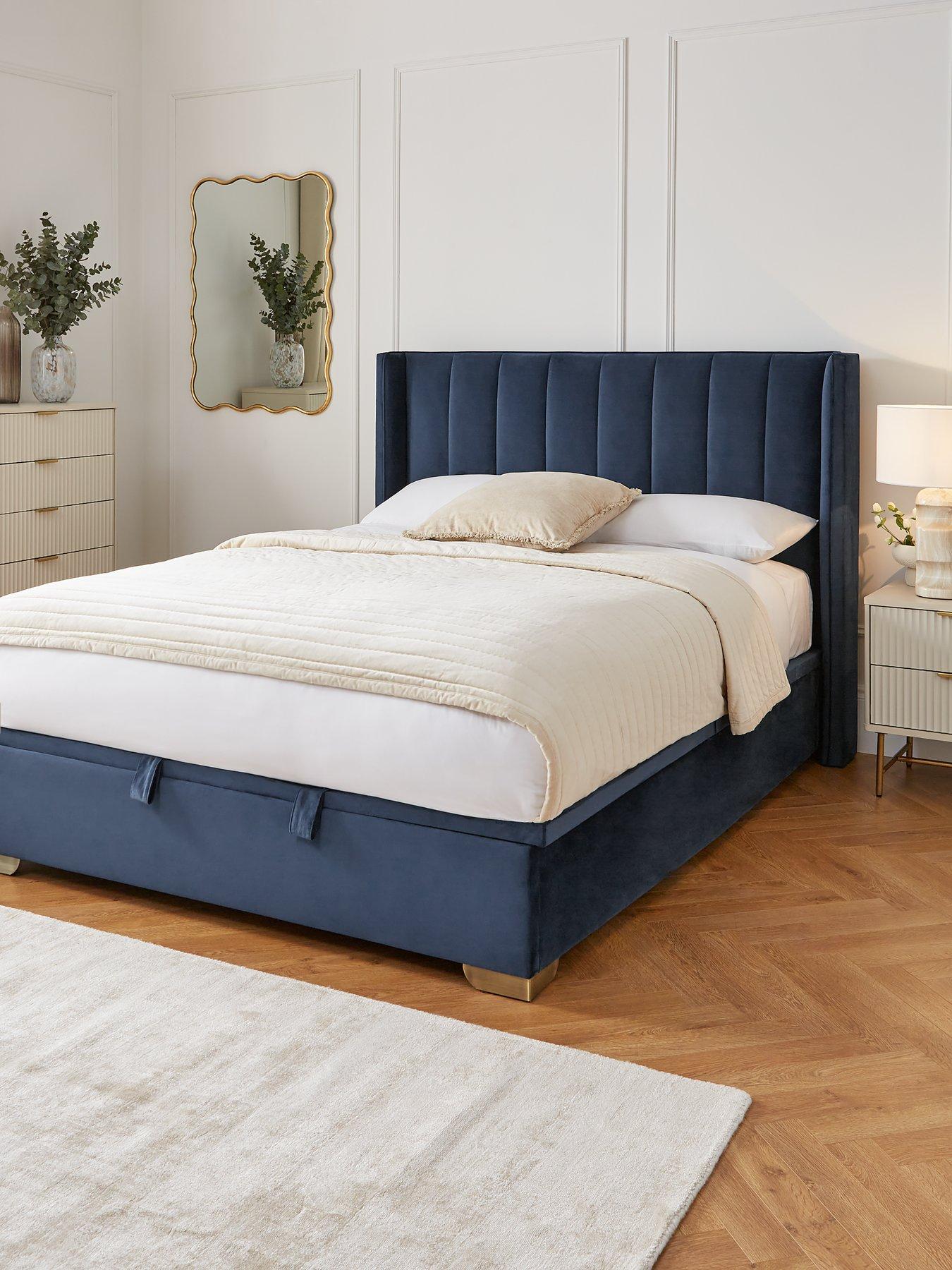 very-home-new-dakota-velvet-end-lift-up-storage-ottoman-bed-with-mattress-options-buy-amp-save-blue