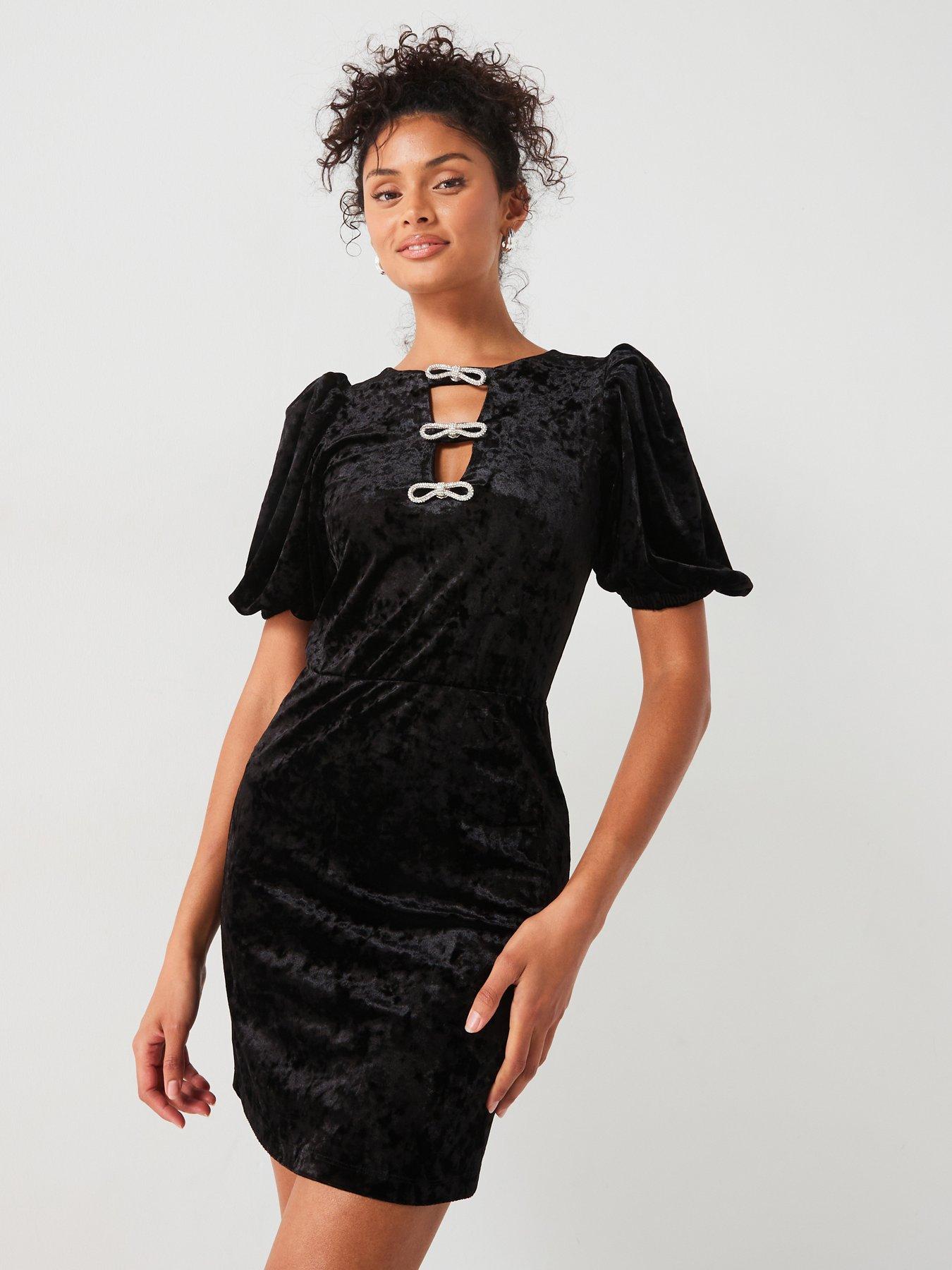 v-by-very-diamante-bow-velvet-puff-sleeve-mini-dress-blackback