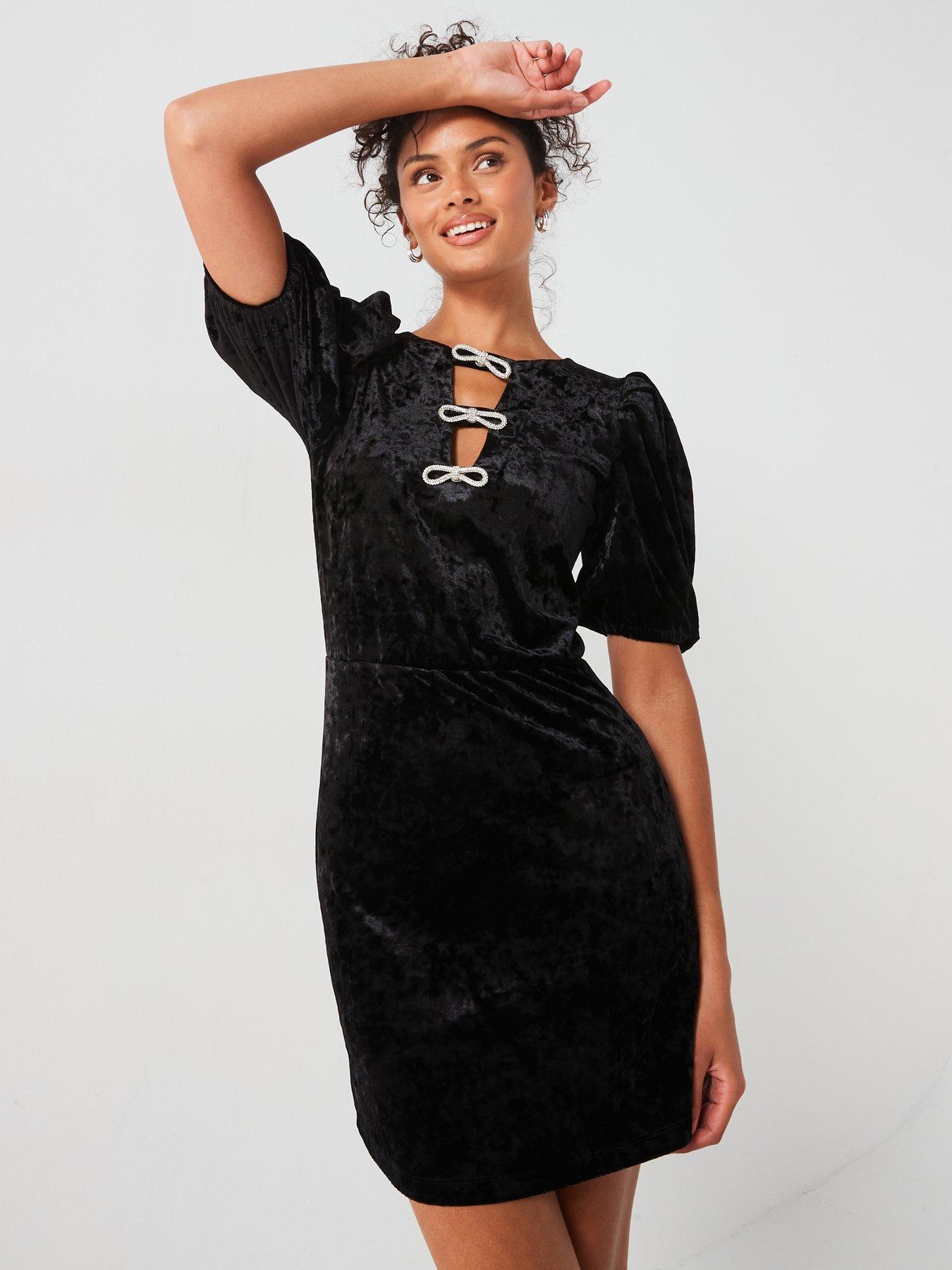 v-by-very-diamante-bow-velvet-puff-sleeve-mini-dress-blackoutfit