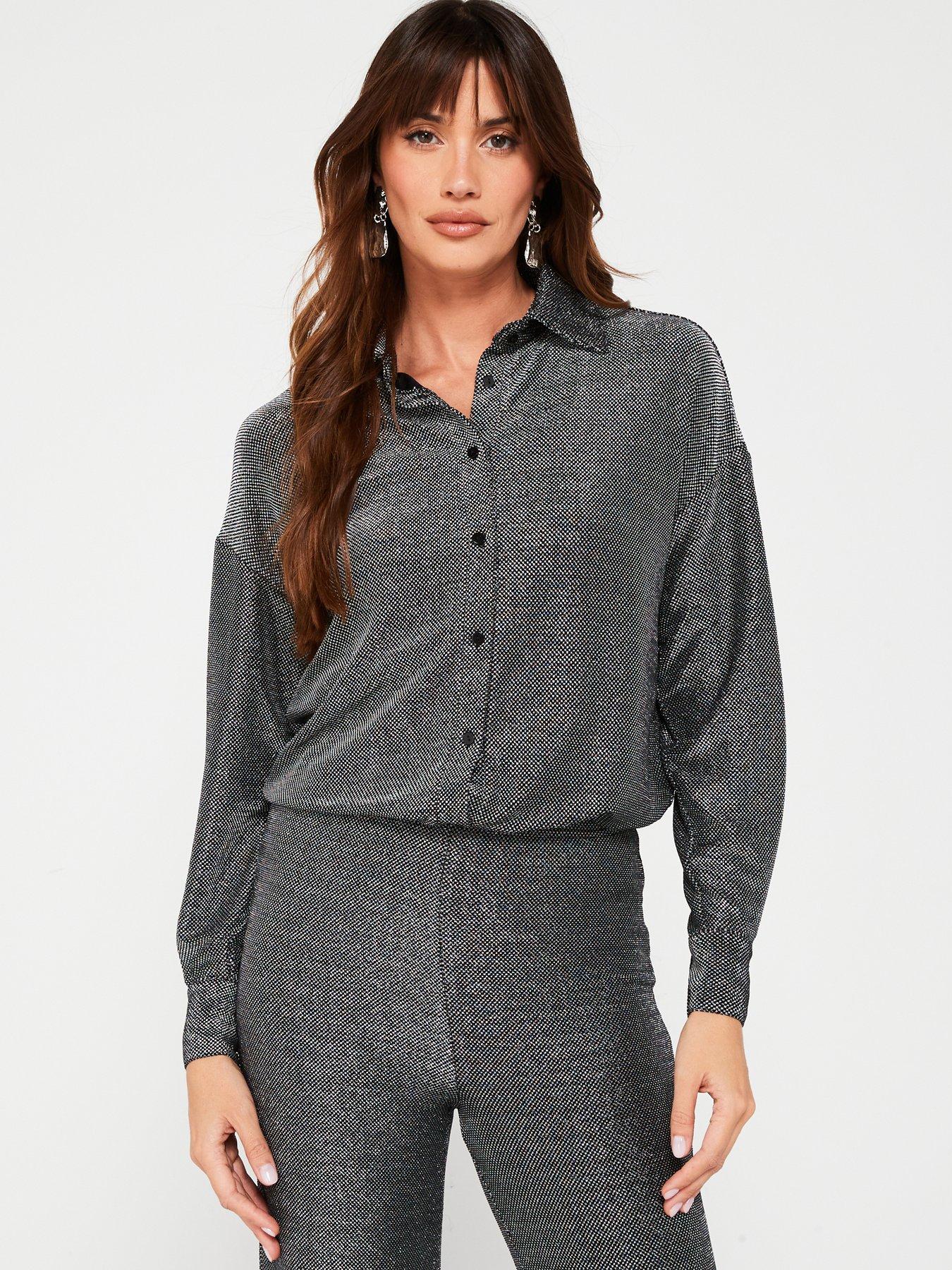 Image of V by Very Lurex Button Through Co Ord Shirt - Silver