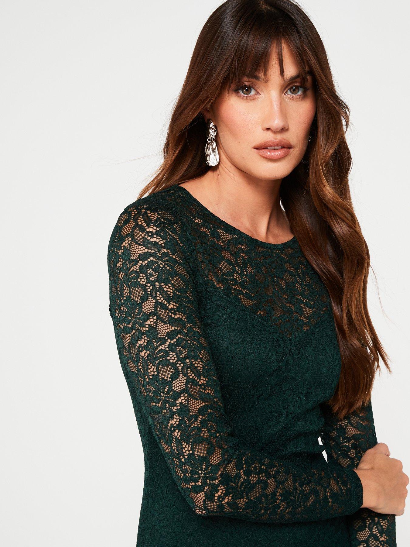 V by Very Lace Long Sleeve Bodycon Mini Dress - Green