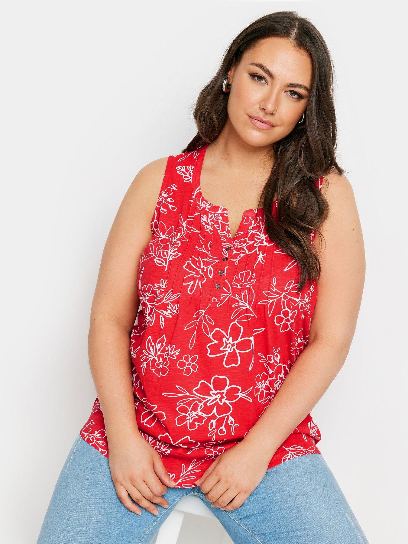 yours-sleeveless-pintuck-henley-red-linear