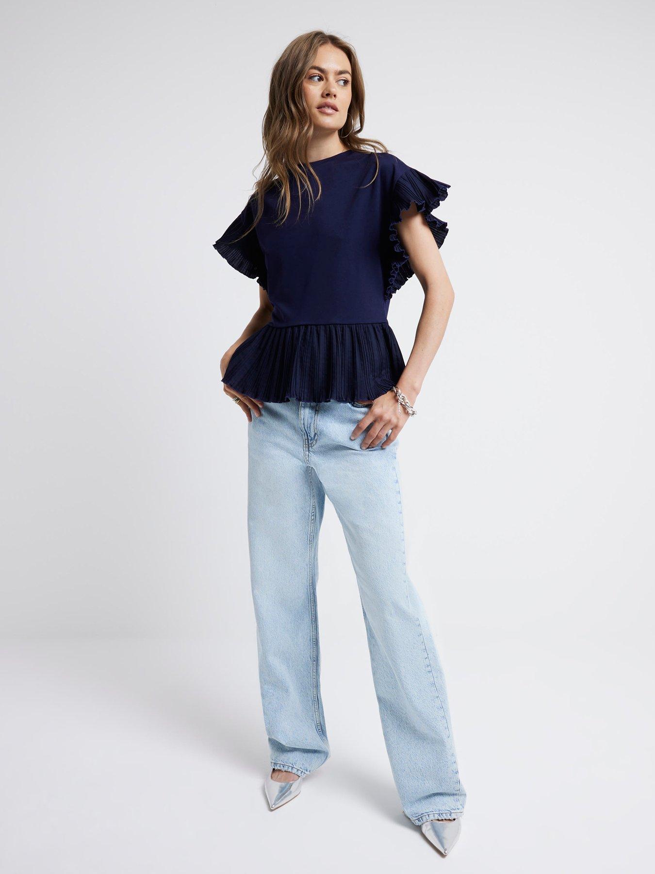 river-island-pleated-hem-t-shirt-navy