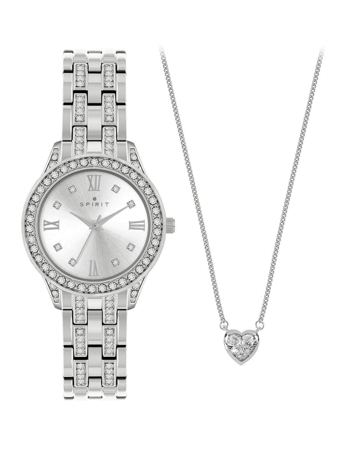 Spirit Spirit Ladies Polished Silver Bracelet Watch  &  Heart-Shaped Stone Chain Necklace Set