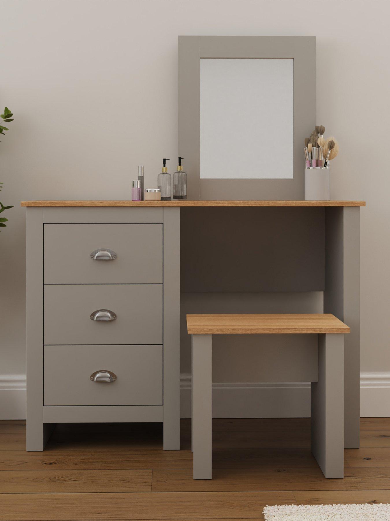 GFW Lancaster Dressing Table, Mirror and Stool Set - Cream/Oak