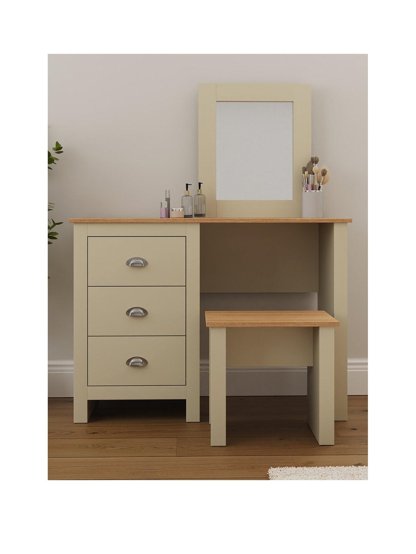 GFW Lancaster Dressing Table, Mirror and Stool Set - Cream/Oak