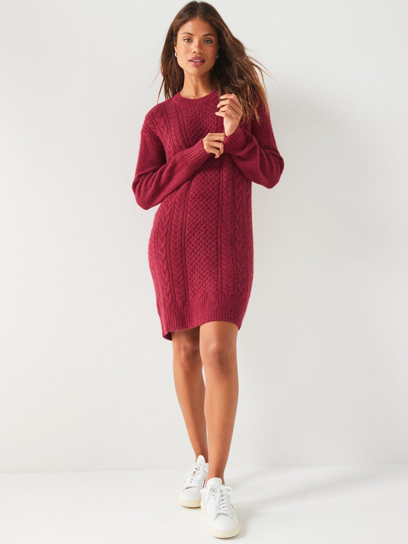 v-by-very-crew-neck-cable-knitted-mini-dress-burgundy