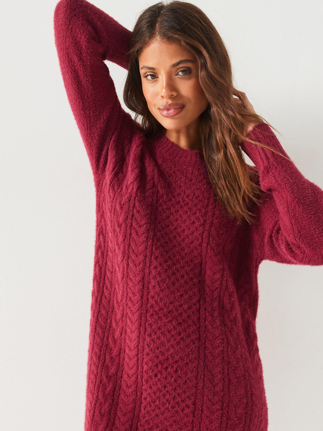 v-by-very-crew-neck-cable-knitted-mini-dress-burgundydetail